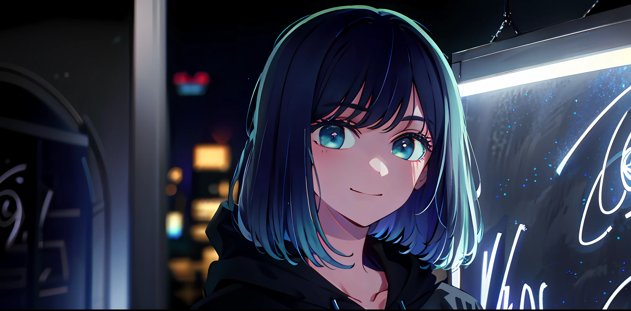 detailed background, masterpiece, best quality, smile, ornament, hoodie, portrait, blue neon, graffiti, dark, night, glowing eyes, blacklight