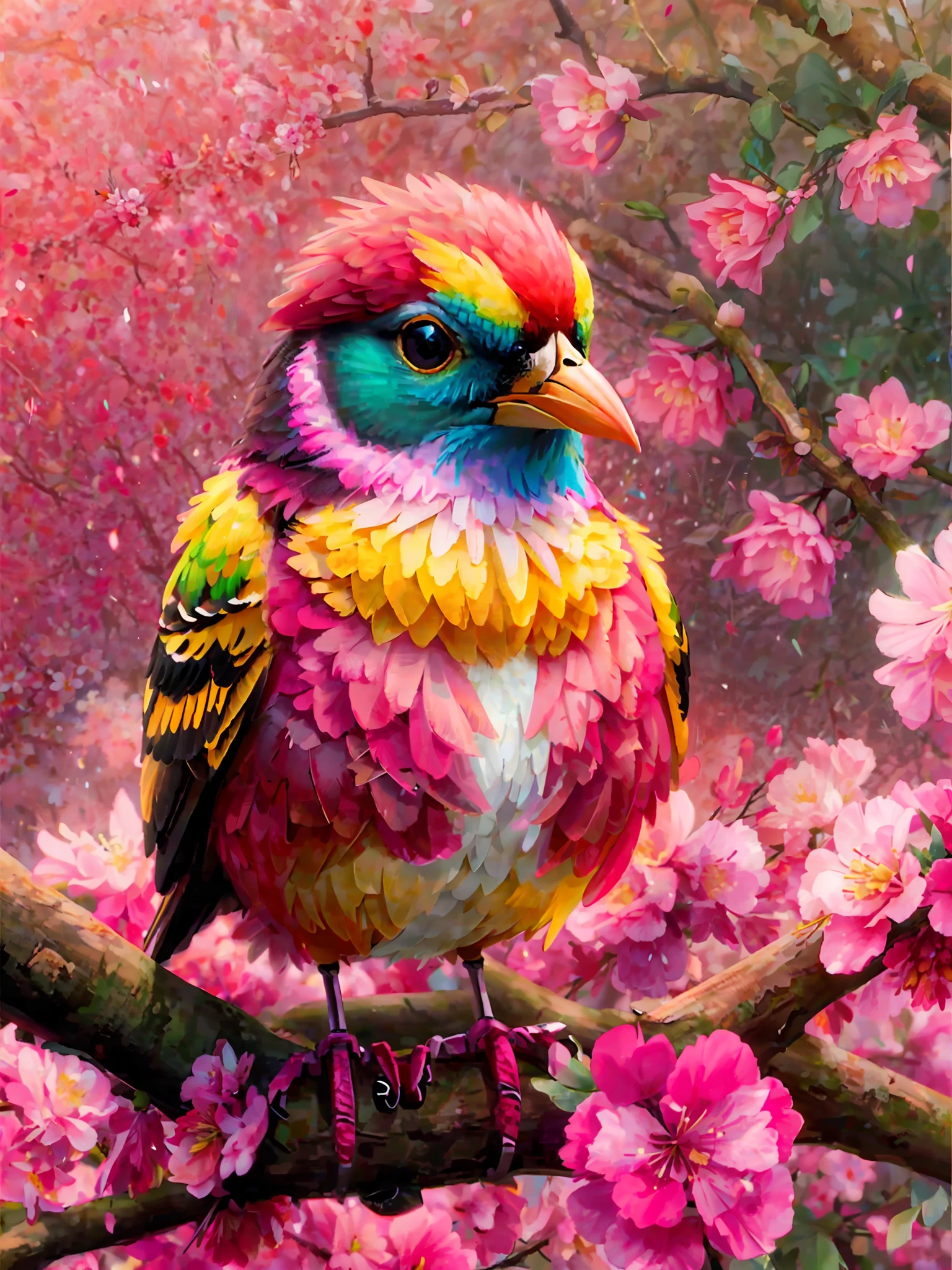 a bird sitting on a branch with pink flowers, cgi art, red-yellow colors, hyperrealistic sparrows, pinterest, photorealistic artstyle, in rich color, an ai generated image, very detailed portrait, singing for you, breathtaking render