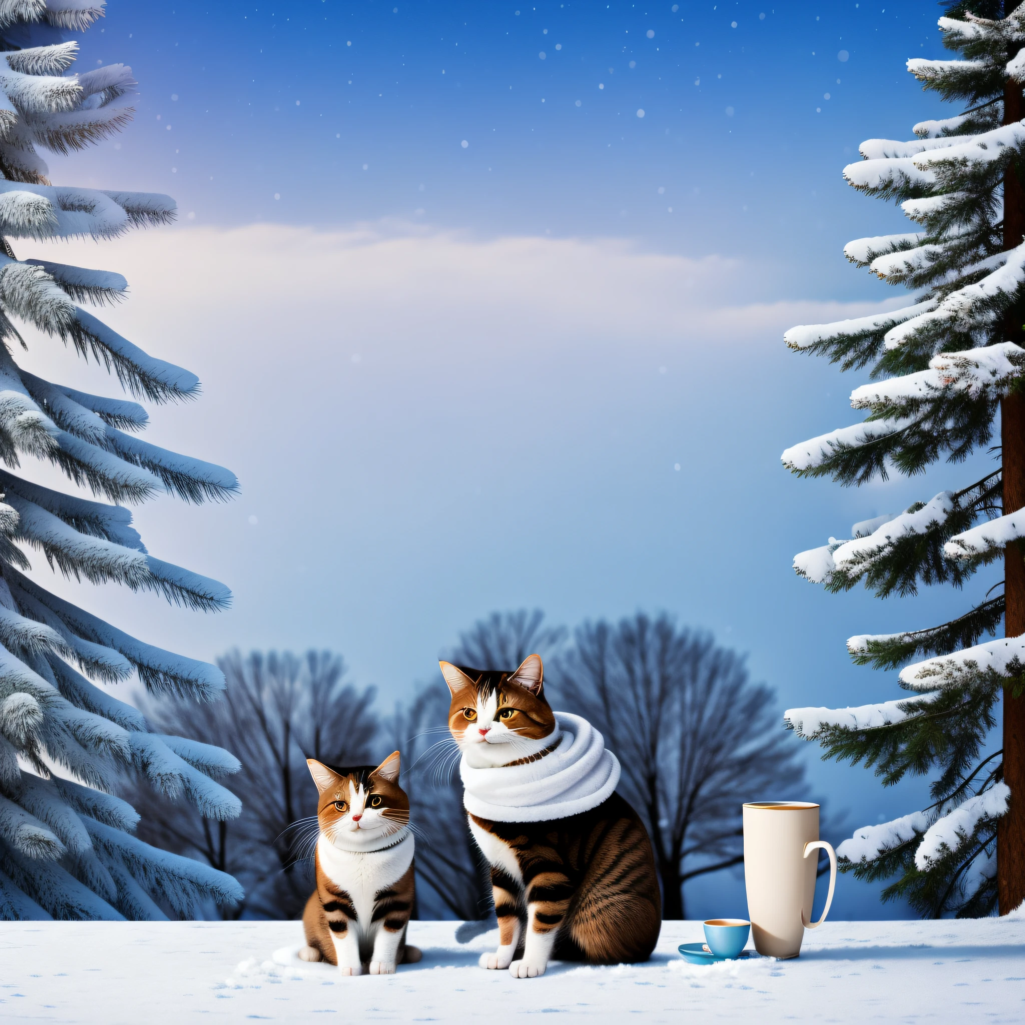 1 cat dressed in pajamas, with a cup of coffee in hand, winter landscape in the background