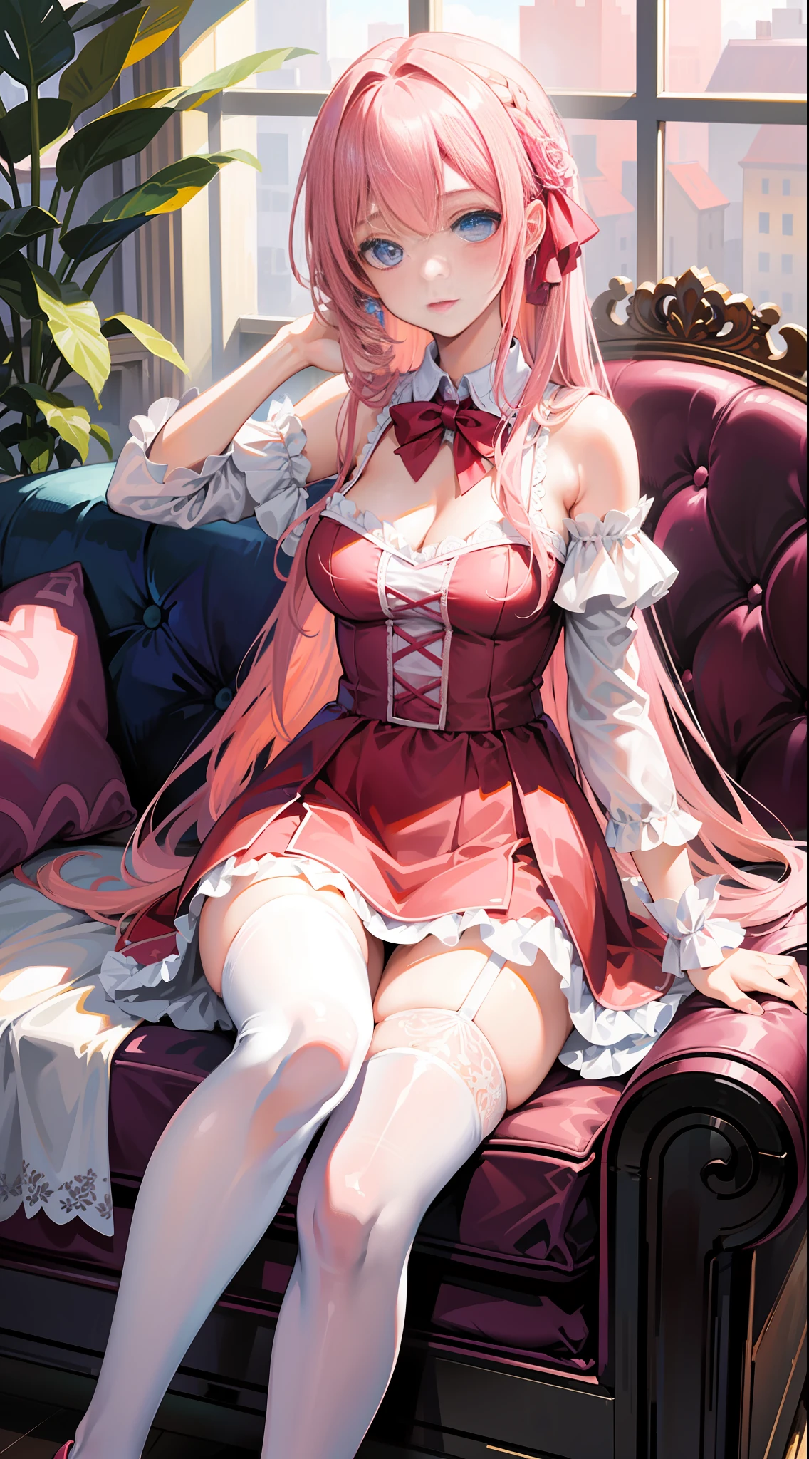 masterpiece, best quality, super detailed, illustration, (1girl), beautiful detailed eyes, looking at the audience, close up, medium breasts, pink hair, shyness, white and pink dress, stockings, garters, blue eyes, thighs, luxury room, sofa, red wine