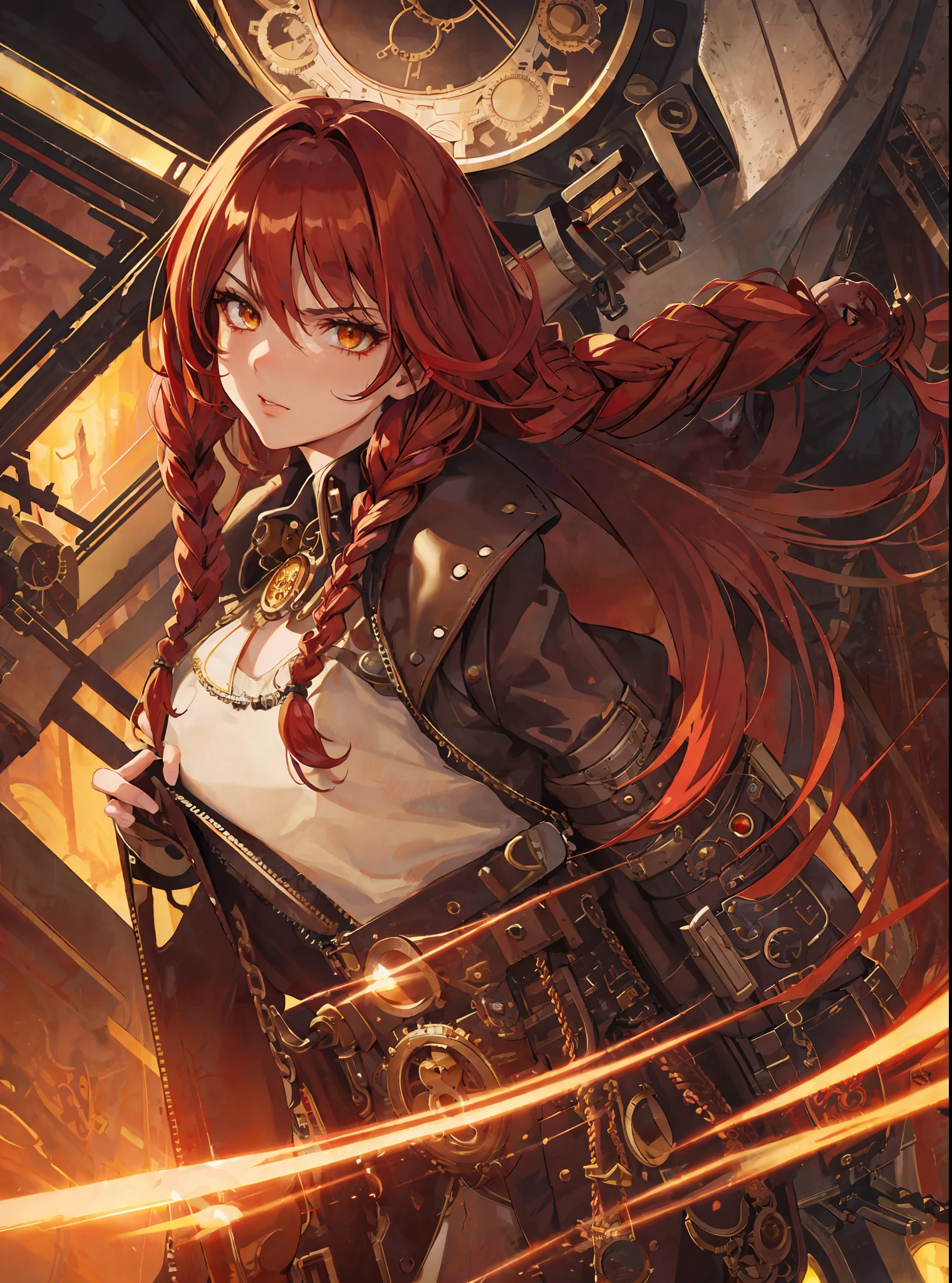 (masterpiece, best quality), close-up picture, alone, an adult woman with very long red hair, (((steampunk))), (((antique hairstyle with braids))), bare legs, bodysuit, queen, ((retro futuristic)), chains, halo, good anatomy, correct proportions, boots, bright colors, torn clothes, queen, yellow eyes, serious, mysterious appearance, blood, emotionless, palace, straight bangs, very long red hair, evil, (yellow eyes), gothic, medium chest, blood spikes, chest to head show, cinematics, color oil painting, solo, cinematic lighting, extremely detailed face, finely detailed face, beautiful face, beautiful eyes, perfect lighting, depth of field, realistic proportions, good anatomy, long coat