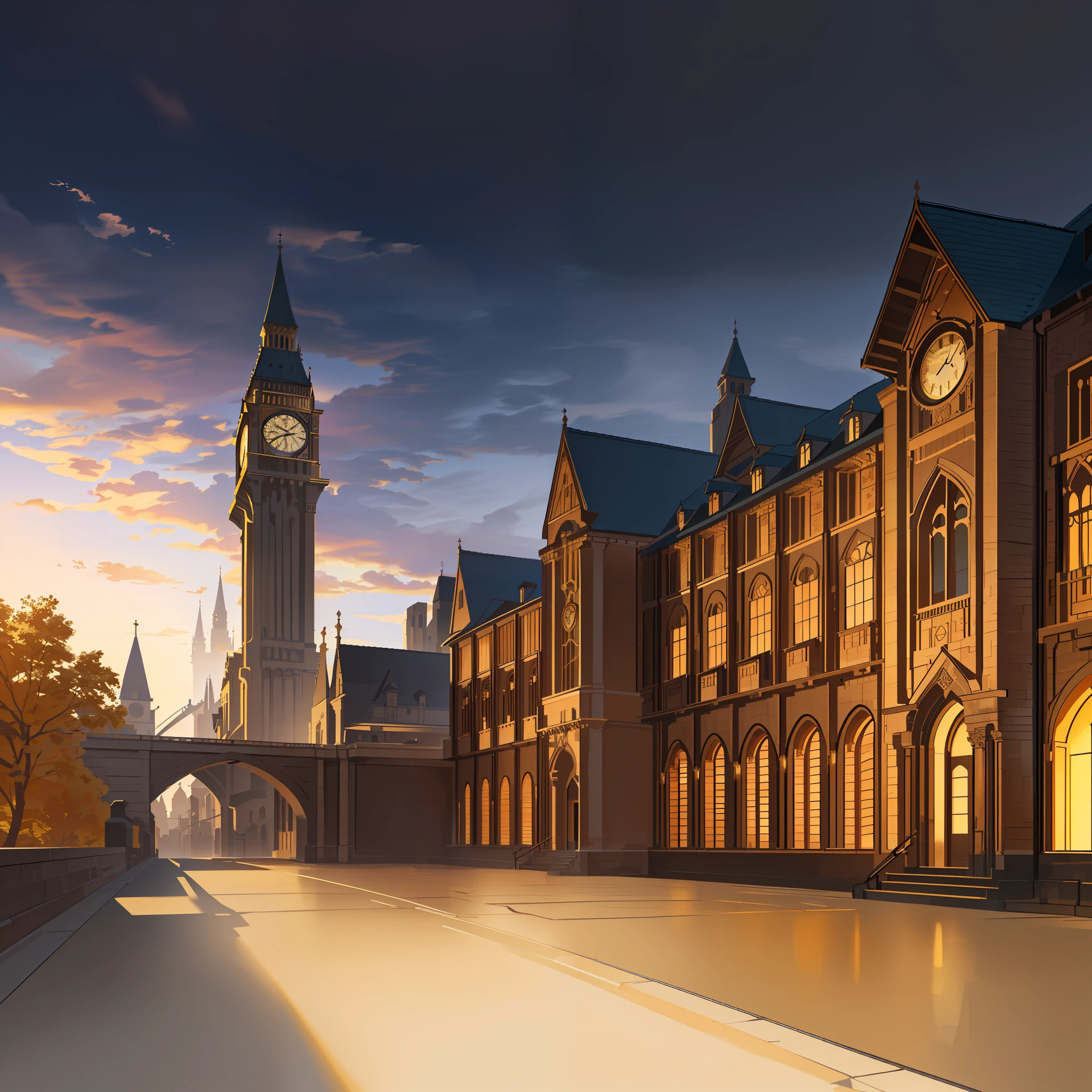 An image of a old building with a clock tower in the middle, in the style of hayao miyazaki , elegant cityscapes, manga-inspired, light bronze and dark amber, northwest school, majestic ports, volumetric lighting, (illustration: 1.0), window detail correction and enhancement, magnificent composition, detail enhancement, detail enhancement. Realistic lighting, HD detail, masterpiece, highest quality, (highly detailed CG Unity 8k wallpaper), (highest quality)