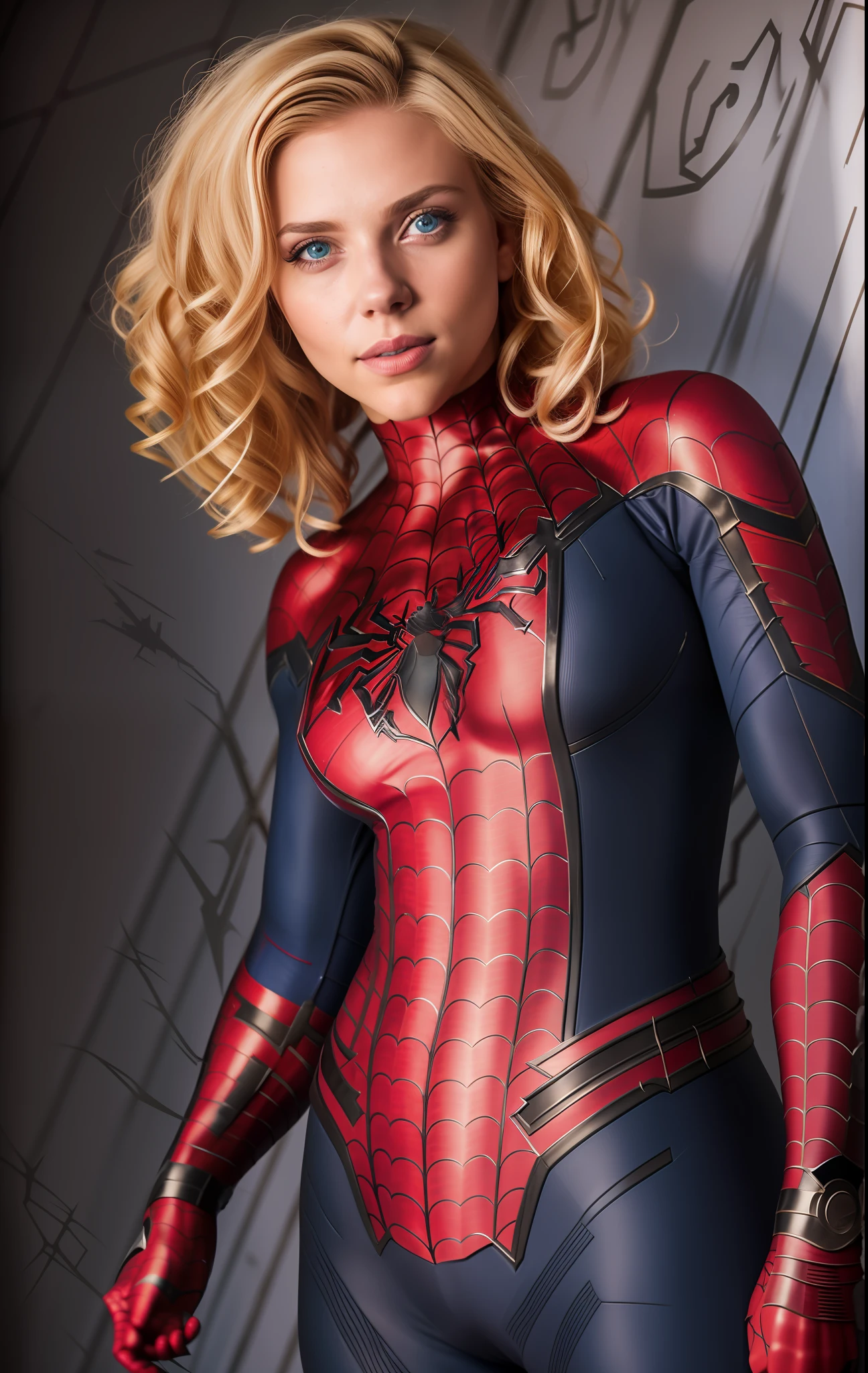 Full body photograph of scarlett, (Spiderman cosplay), highly detailed, artstation, smooth, sharp focus, 8K, (underboob), detailed face, blue eyes, blonde hair, fitness body, Defined body
