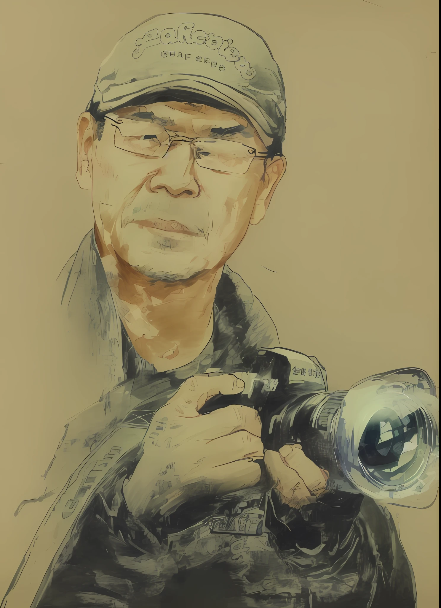 a drawing of a man holding a camera in his hand, artists portrait, inspired by Tsuguharu Foujita, art jiro matsumoto, shichiro kobayashi, masashi ando, solo 3 / 4 portait, self portrait, inspired by Zhou Jichang, inspired by Huang Binhong, by Ni Zan, solo portrait, inspired by Dong Qichang
