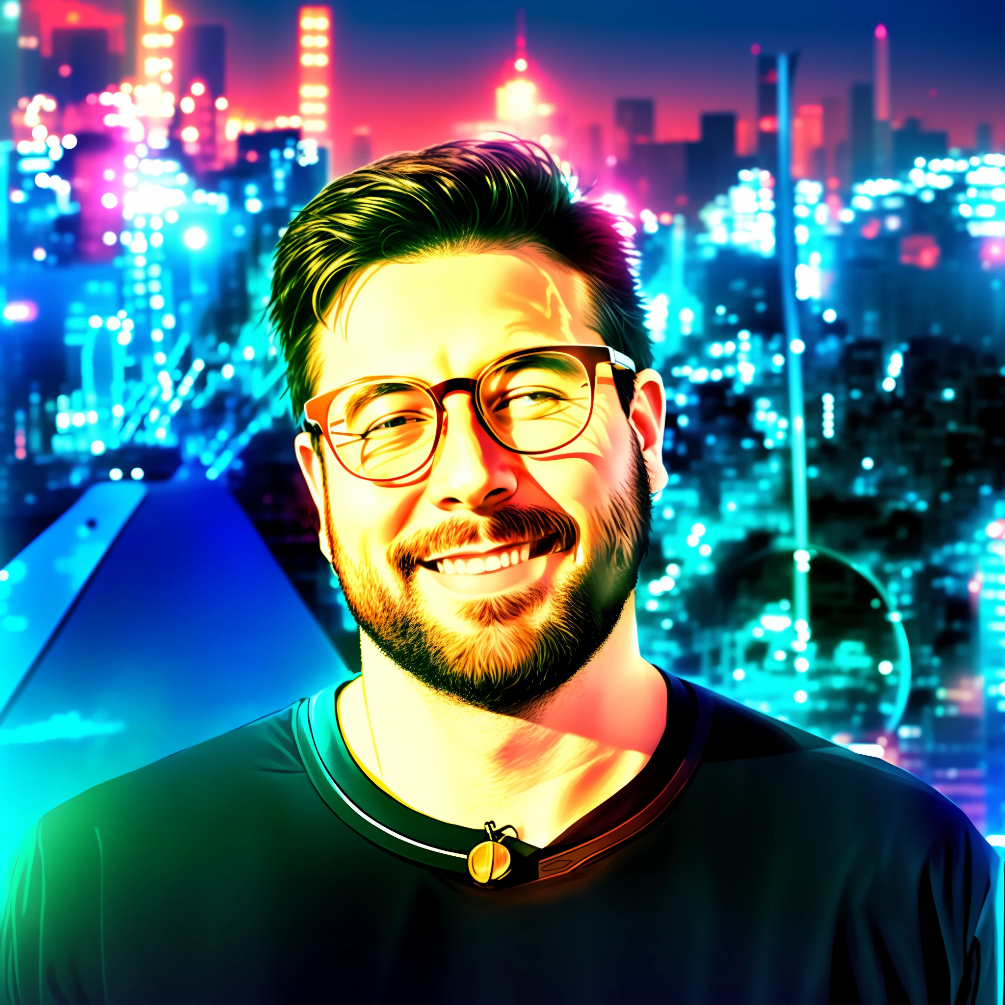 Smiling man with glasses in front of a futuristic anime city. --auto --s2