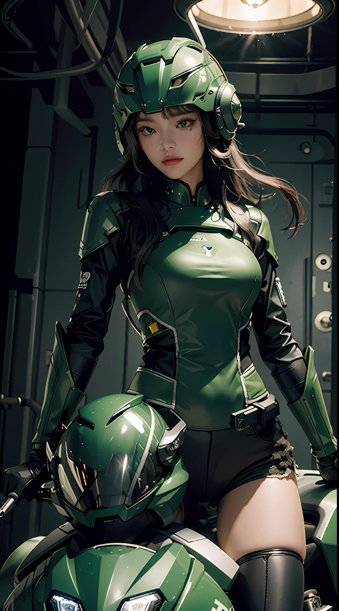 Highest image quality, outstanding details, ultra-high resolution, (realism: 1.4), the best illustration, favor details, highly condensed 1girl, with a delicate and beautiful face, dressed in a black and green mecha, wearing a mecha helmet, holding a directional controller, riding on a motorcycle, the background is a high-tech lighting scene of the future city.