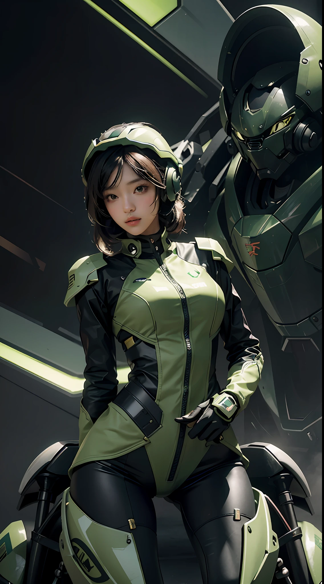 Highest image quality, outstanding details, ultra-high resolution, (realism: 1.4), the best illustration, favor details, highly condensed 1girl, with a delicate and beautiful face, dressed in a black and green mecha, wearing a mecha helmet, holding a directional controller, riding on a motorcycle, the background is a high-tech lighting scene of the future city.