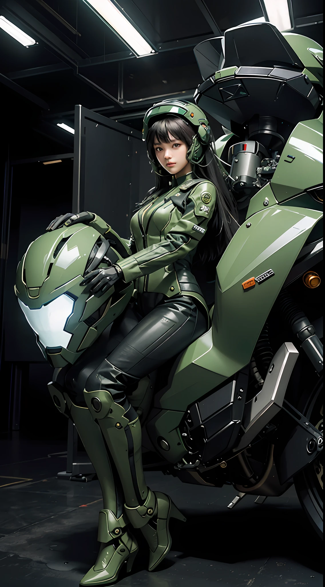 Highest image quality, outstanding details, ultra-high resolution, (realism: 1.4), the best illustration, favor details, highly condensed 1girl, with a delicate and beautiful face, dressed in a black and green mecha, wearing a mecha helmet, holding a directional controller, riding on a motorcycle, the background is a high-tech lighting scene of the future city.