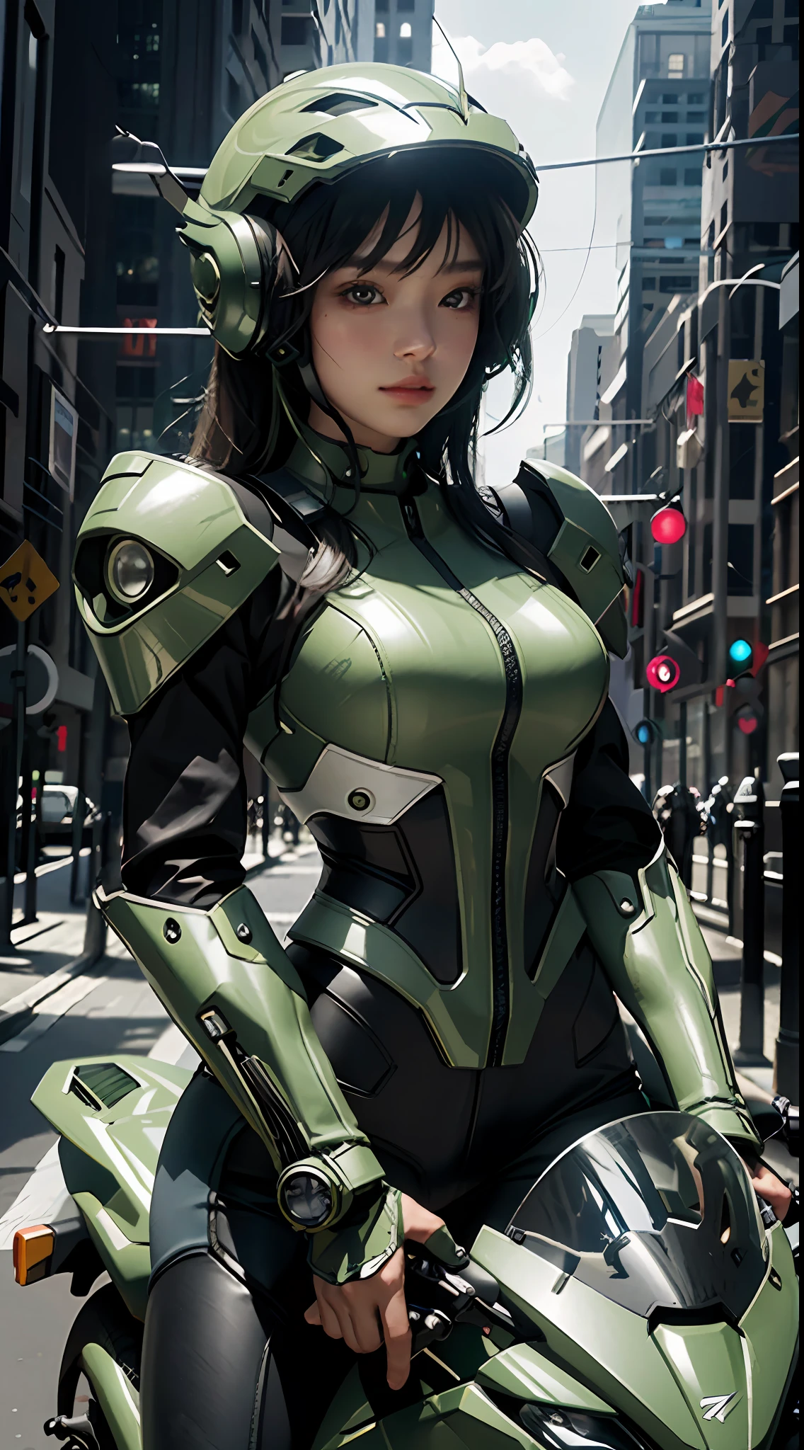 Highest image quality, outstanding details, ultra-high resolution, (realism: 1.4), the best illustration, favor details, highly condensed 1girl, with a delicate and beautiful face, dressed in a black and green mecha, wearing a mecha helmet, holding a directional controller, riding on a motorcycle, the background is a high-tech lighting scene of the future city.