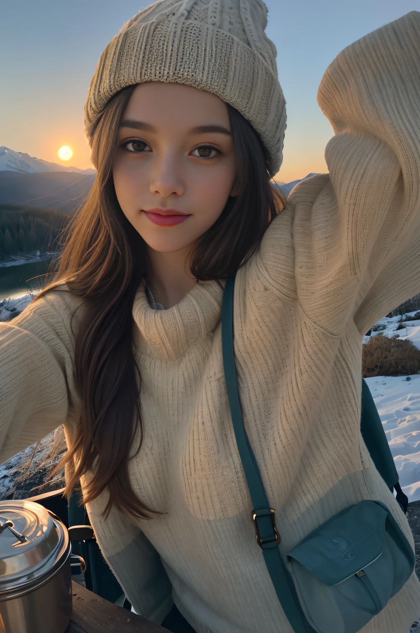1 woman((upper body selfie, happy)), masterpiece, best quality, ultra-detailed, solo, outdoors, (night), mountains, nature, (stars, moon) cheerful, happy, backpack, sleeping bag, camping stove, water bottle, mountain boots, gloves, sweater, hat, flashlight, forest, rocks, river, wood, smoke, shadows, contrast, clear sky, analog style (look at viewer:1.2) (skin texture) (film grain:1.3), (warm hue, warm tone) :1.2), close up, cinematic light, sidelighting, ultra high res, best shadow, RAW, upper body, wearing pullover