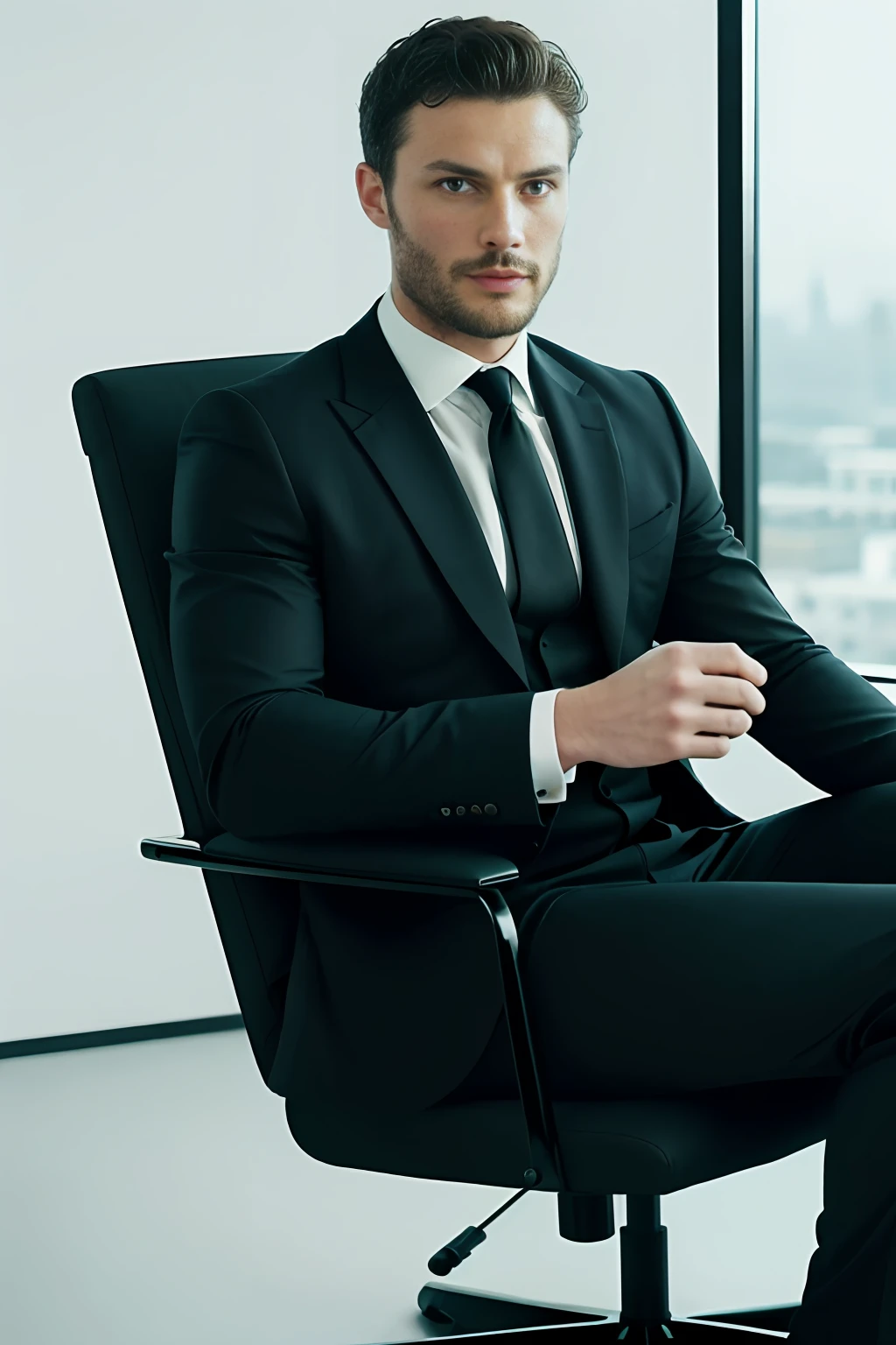 (Man ceo sitting in office chair), Wearing suit, (Beard and attractive) movie scene, (Impeccable), Serious and elegant man, Actor Jamie Dornan, with thick male eyebrows, secret agent 007 man style, (with mysterious and serious face,) short dark hair, elegant and elegant, body fit and strong fit in suit, Man similar to actor Jamie Dornan, ( high quality and realistic image), ((Best Quality, 8k, Masterpiece).