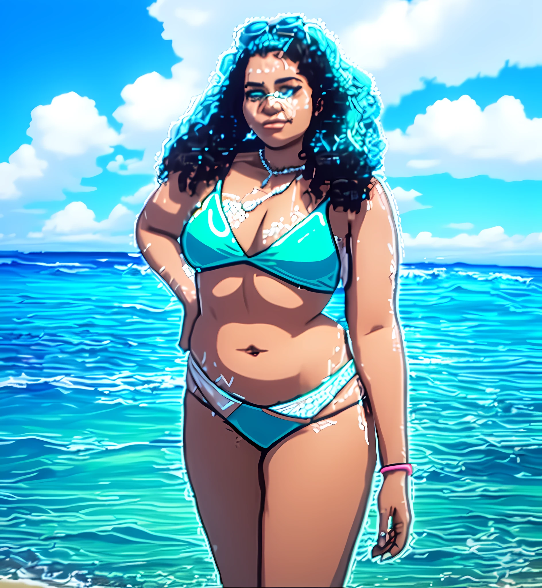 There is a bikini woman standing on the beach, is wearing swimsuit, slim waist and thick hips, wearing two-piece swimsuit, full body bikini, wearing pearl neon bikini, thick body, 18-year-old woman from Cuba, beautiful and thick woman, wearing bikini, wider hips, bikini, high quality image