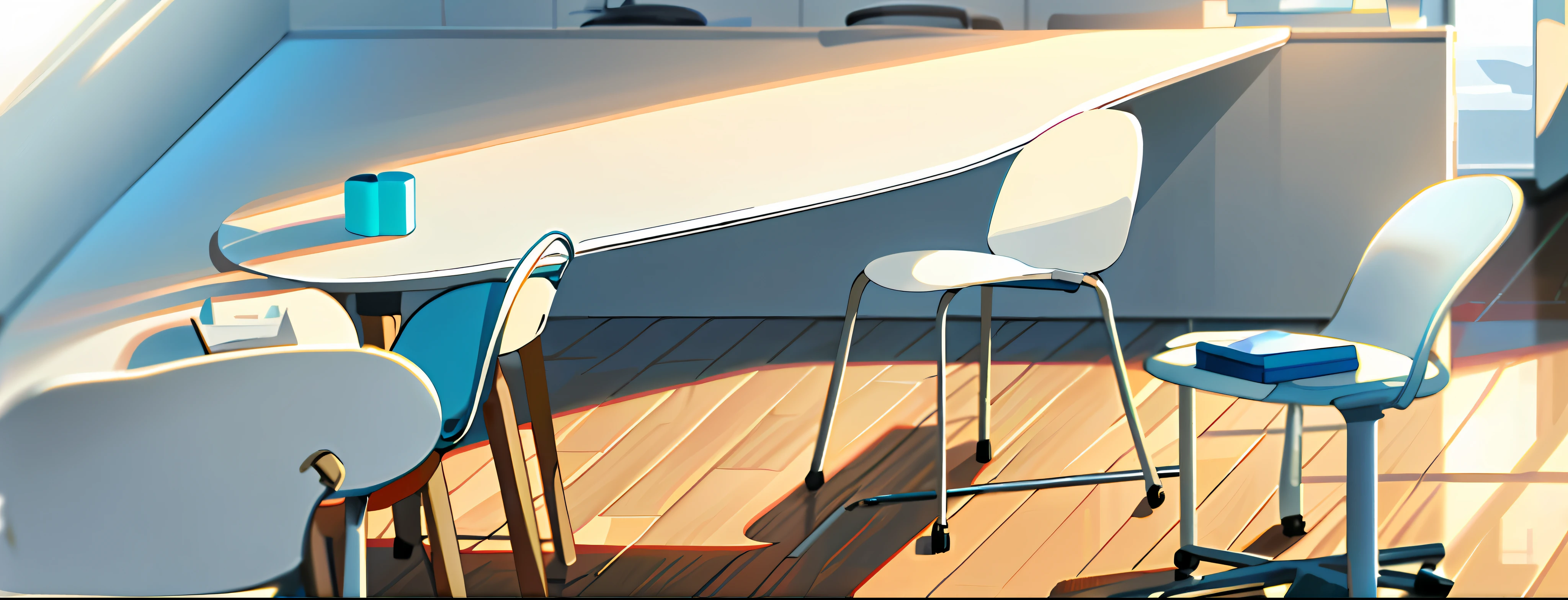 there is a chair and a table in a room with a blue and white background, two plastic chair behind a table, high-quality render, scandinavian design, office furniture, mid-century modern furniture, chairs and tables, vray tracing, crisp smooth clean lines, focus on full - body, chairs, furniture design, curved furniture
