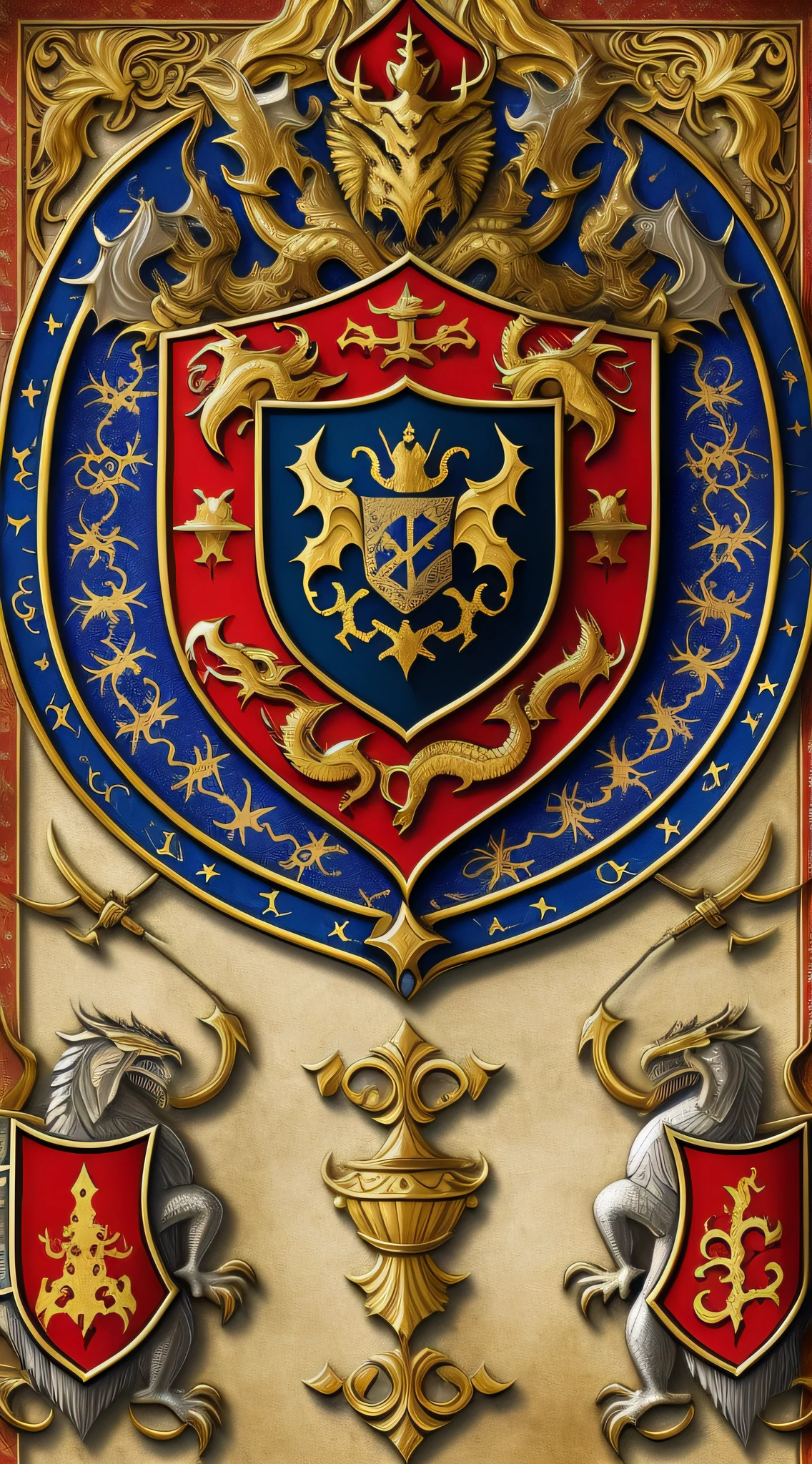 Creation of a medieval coat of arms on a banner on a wall, using the styles of Gothic and Baroque. Rich colors and detailed features in the foreground with a focus on shades of red and gold. Use elements like dragons, knives, hammers, crowns, shields, and anything else that fits the theme.