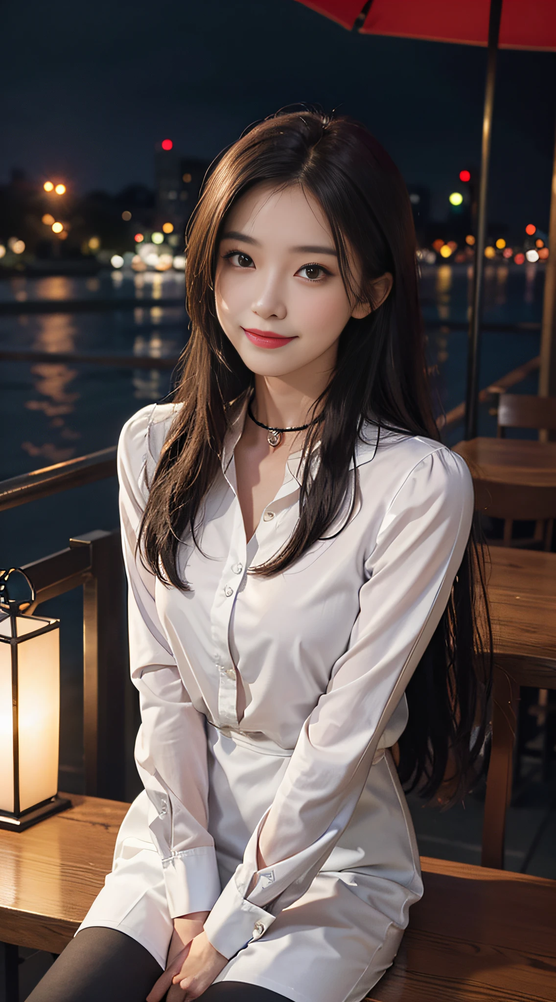 8K, best quality, masterpiece: 1.2) , super details, 1 girl, cute, independent, beautiful details sky, details cafe, night, sit down, date, (nose red) , sweet smile, (Smile: 1.15) , (shut up) small breasts, small beautiful details eyes, Turkish, (collar shirt: 1.1) , black and white business attire, night, wet, business dress, rain, long hair, brunette, flowing hair, NovaFrog style, cat,