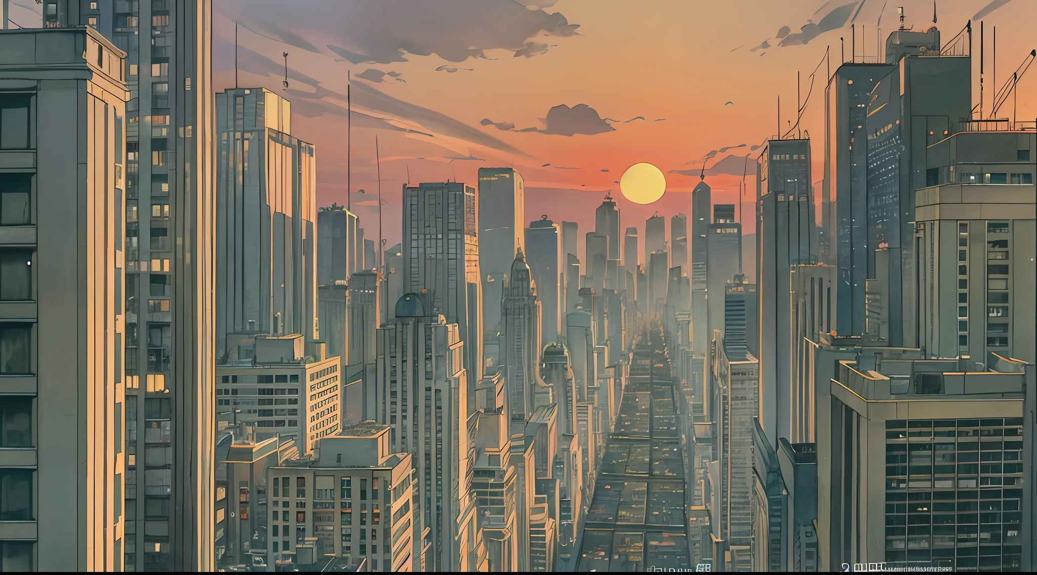 (Best Quality, Masterpiece: 1.2), Line Drawing, Watercolor Coloring Effect, Watercolor Brush Strokes, Bird's Eye View of City Streetscape, High-rise Buildings, Rising Sun, Backlit Effect, Panorama Composition, Vintage Anime (Years, 1990s, 1980s), Cinema Lighting, Film Composition, Cinematic Atmosphere