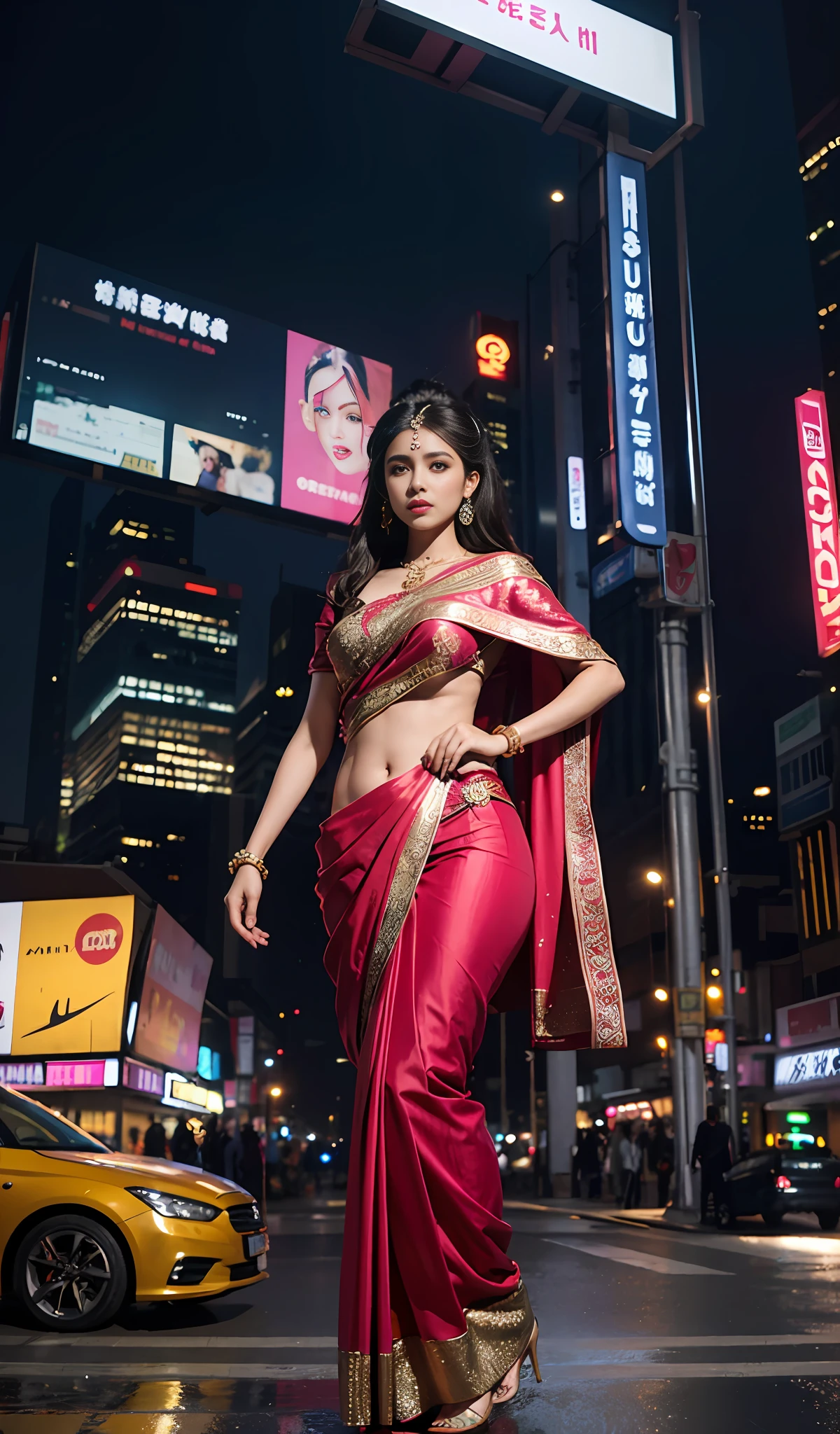 A stunning Indian woman donning an elegant saree, with a contemporary twist. Her attire features a unique fusion of traditional and modern elements, showcasing her individuality. She stands against a backdrop of a bustling cityscape, with tall skyscrapers and colorful billboards illuminating the night. The environment is vibrant and energetic, capturing the essence of urban life. The mood is adventurous and confident, reflecting the woman's bold personality. The image will be executed as a mixed media artwork, blending photography and digital manipulation techniques, to convey the fusion of tradition and modernity, --ar 16:9 --v 5.