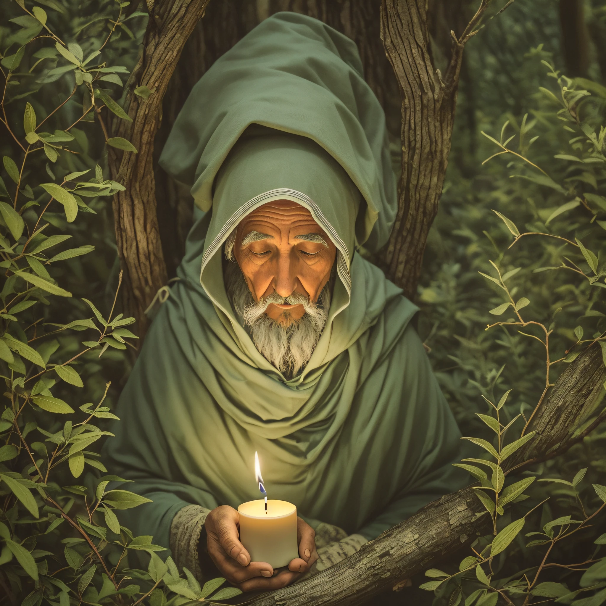 Old sage in the woods with a candle --auto --s2