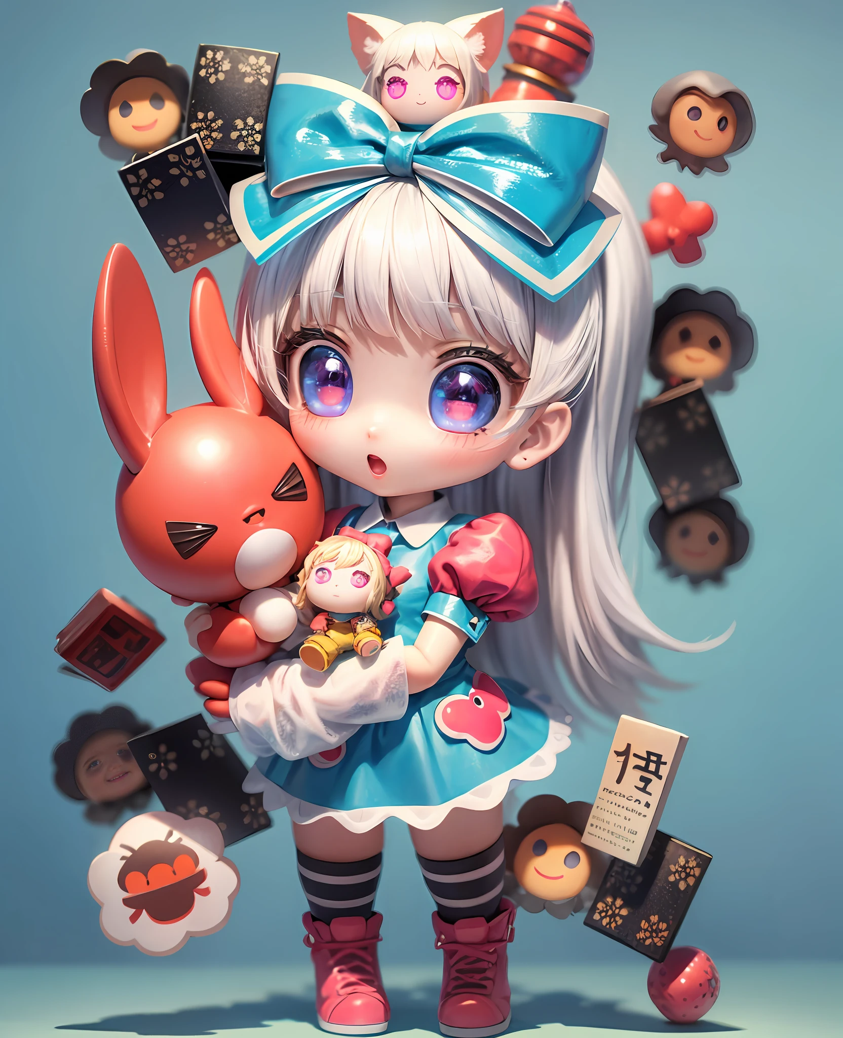 Masterpiece, Best Quality, Official Art, 8k Wallpaper, Very Detailed, Illustration, 1 Girl, White Hair, Beautiful Eyes, Super Cute Girl Full Body 3D Drawing, Good Looking Eyes, Big Eyes, Cute, Happy, C4D, Pop Matt Blind Box, Glow Bubble, Toy, Solid Color Background, Chibi, Fluorescent Translucence, Glow Body, Kawaii, Doll, Pop Mart Blind Box, Pixar, Intricate Details, 3D Rendering, Blender, OC Renderer, Fol Body reference sheet,dribble,high details,8k,studio lighting,loli,petite,child,chibi ,