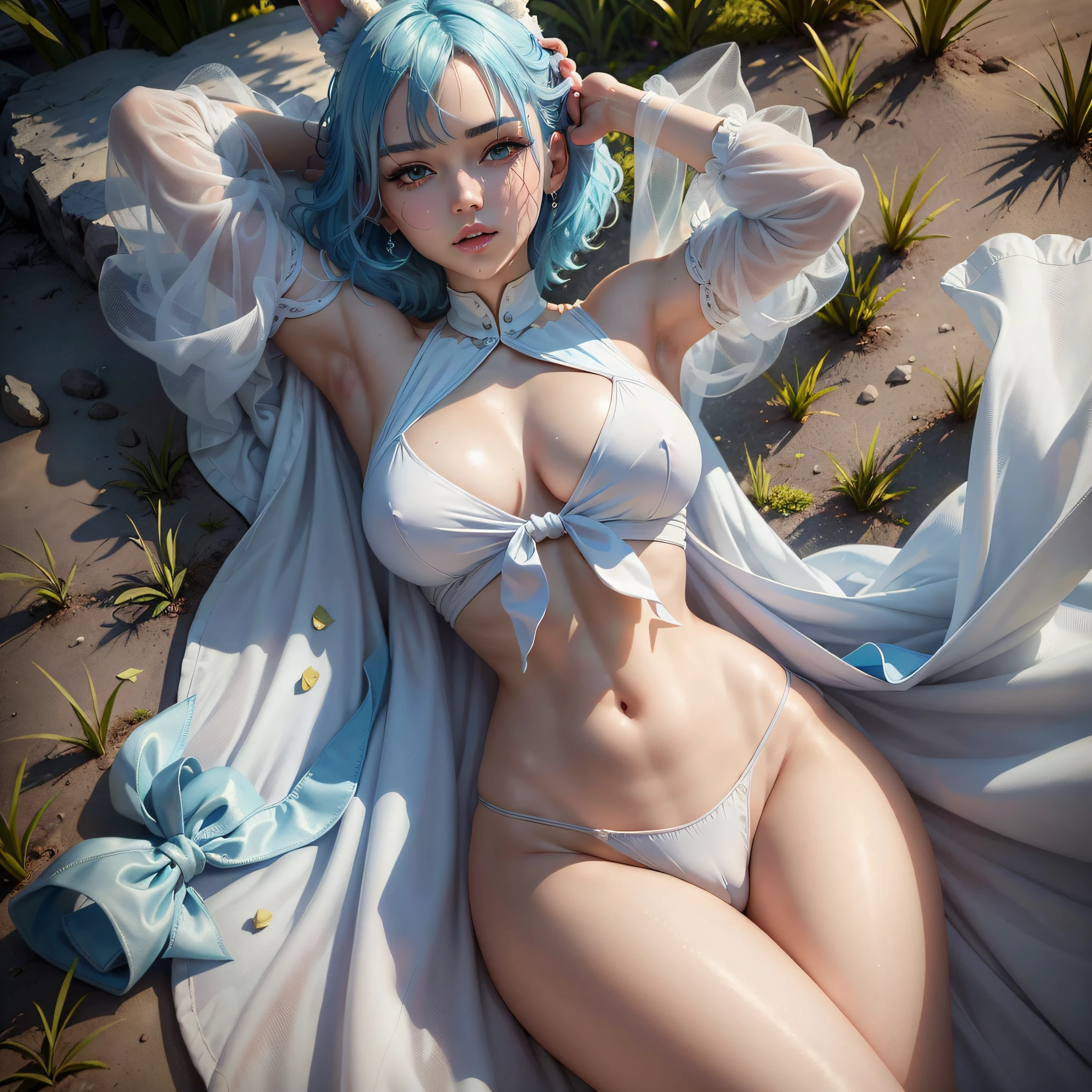 (Best quality, high resolution, masterpiece: 1.3), a tall perfect woman with a slender figure, (short sky blue hair, bunny girl in white clothes), dressed sexy and exposed, in the grass, details of face and skin texture beautifully presented, detailed eyes, double eyelids, sexy pose, realistic, leaky half breast ball, full body shot --auto --s2