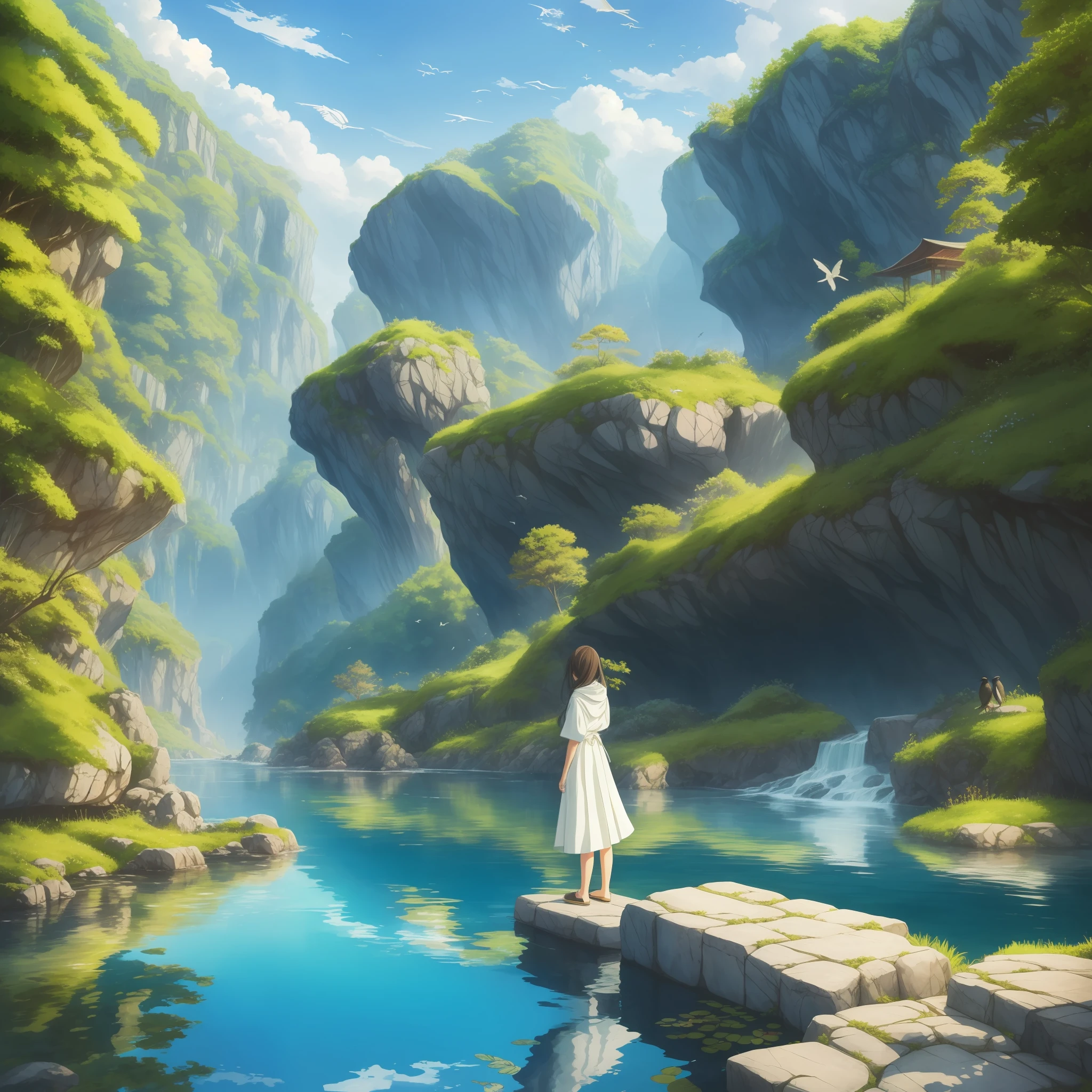 Arti future anime, a stunningly beautiful girl in natural spa, detailed clothing. vixip, far view landscape, by yoshiyuki sadamoto, yoko taro, watercolor. Summer, water reflection, birds, plants, rock. Hand drawing illustration, highly detailed. Perfect composition. White, yellow, green, blue, black. masterpiece, best quality, 4k, sharp focus. perfect anatomy. By sumic.mic