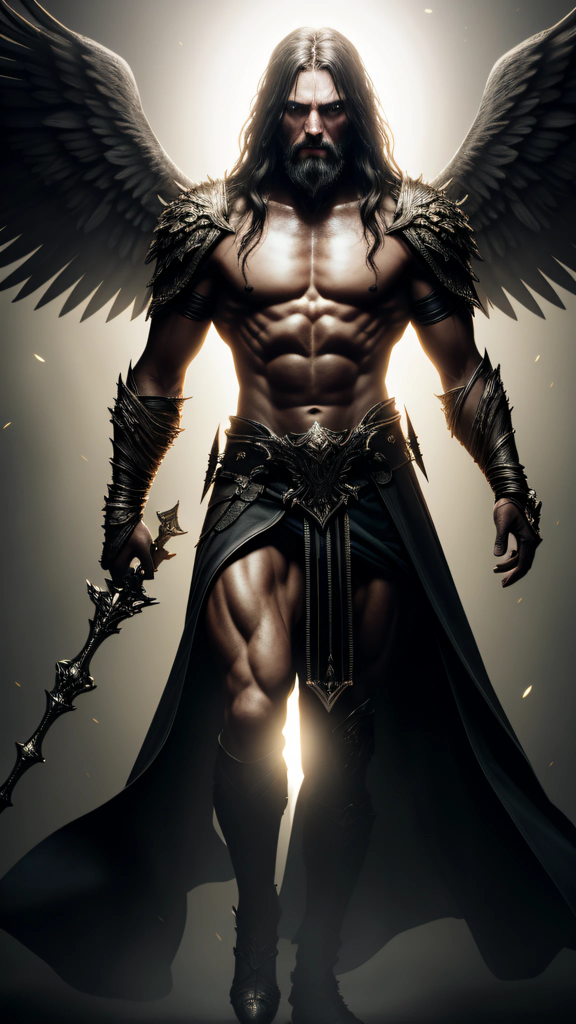 dark, (ashenhard style:1.1),, a male angel, with beams of light enveloping his body, his feathery wings are spread out, a golden halo over his head, muscular, beard, masculine, masterpiece, best quality, intricate detail, absurdres, high detail RAW color Photo, highly detailed, harsh lighting, cinematic lighting, detailed eyes, distinct pupils, contrast, textured skin, cold skin pores, hard light, gigapixel, feet visible, flawless face, 8k resolution, beautiful, cinematic, elegant, hyperrealistic, octane render, unreal, high definition, 8k resolution, highly detailed, 8k uhd, professional lighting, photon mapping, radiosity, physically-based rendering, perfect face, detailed face and body, award-winning photography, detailed face, backlight, ultrarealistic, ray tracing, intense gaze, cinematic lighting