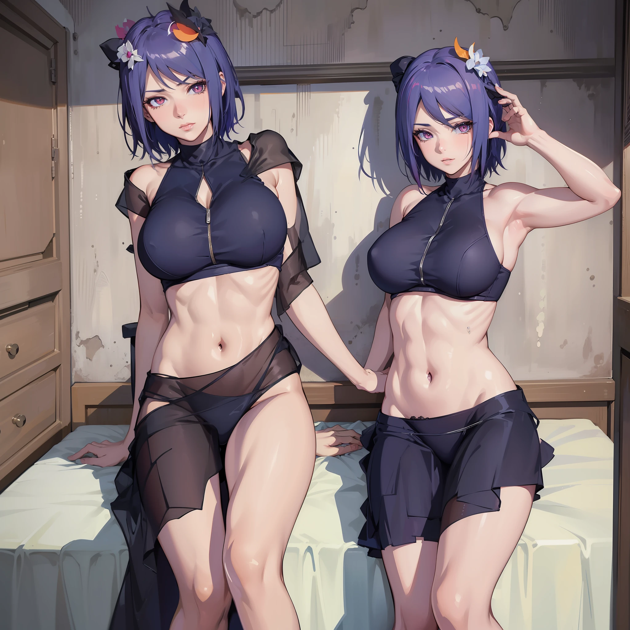 ((Best quality, 8k, Masterpiece :1.3)), dramatic lighting, Konan Naruto Akatsuki, beautiful woman, 1girl, huge breasts :1.3, (firm abs, slender figure :1.1), lusty, short purple hair, orange eye,(panties :1.1), ultra-detailed face, detailed lips, detailed eyes, double eyelid, hot couple, boyfriend, man friend, double pose, bed, boudoir