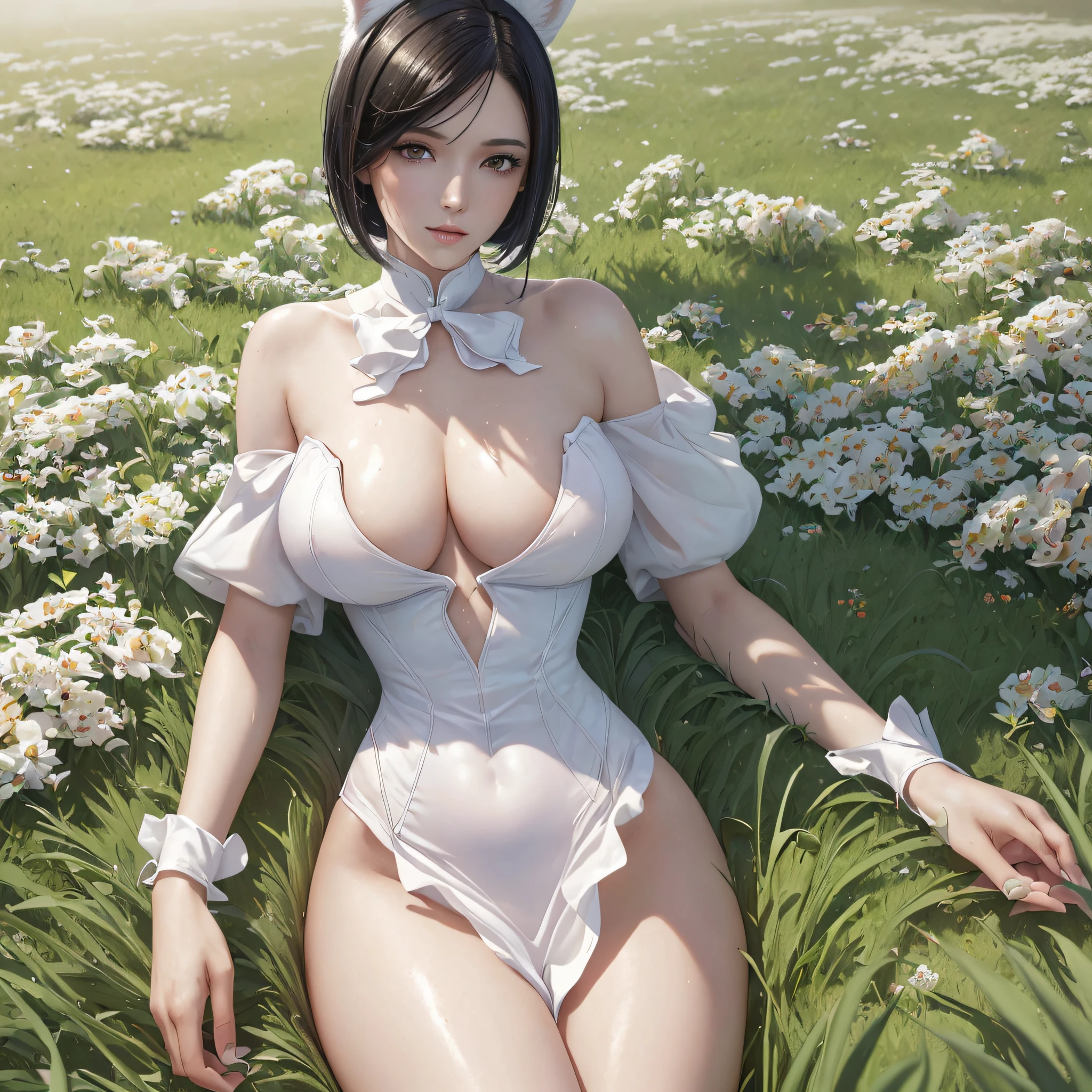 (Best Quality, High Resolution, Masterpiece: 1.3), a tall perfect woman with a slim figure, (short black hair, bunny girl in white clothes), dressed sexy and exposed, in the grass, details of face and skin texture beautifully presented, detailed eyes, double eyelids, sexy pose, realistic, leaky half breast ball, full body shot --auto --s2