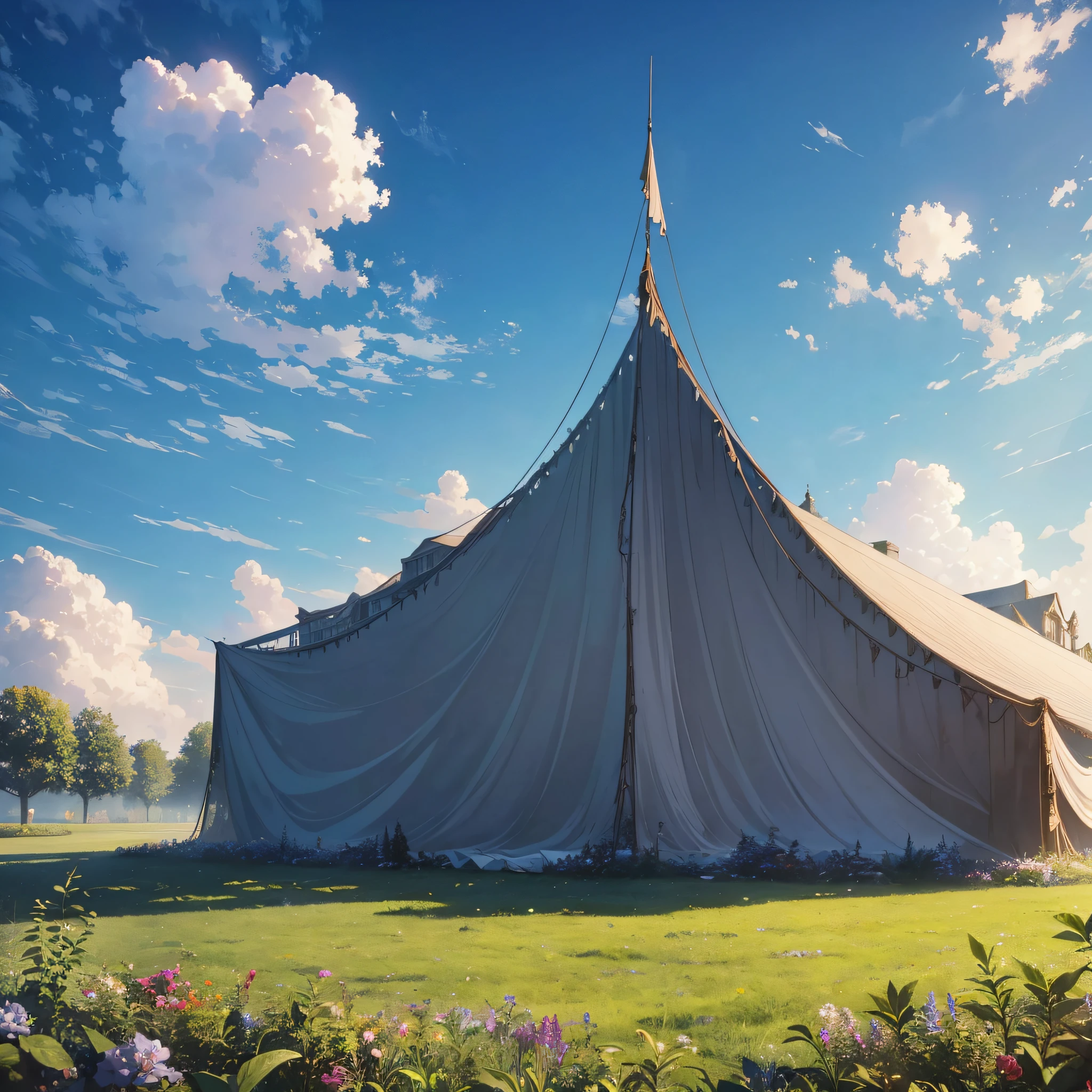 A huge cloth-covered building in a garden clearing (best quality: 1.1) (masterpiece: 1.3) with unparalleled masterpiece, surreal 8K, perfect artwork, super detail, best quality, masterpiece 4K wallpaper aesthetics, masterpiece, award-winning artwork, official art, cinematic lighting