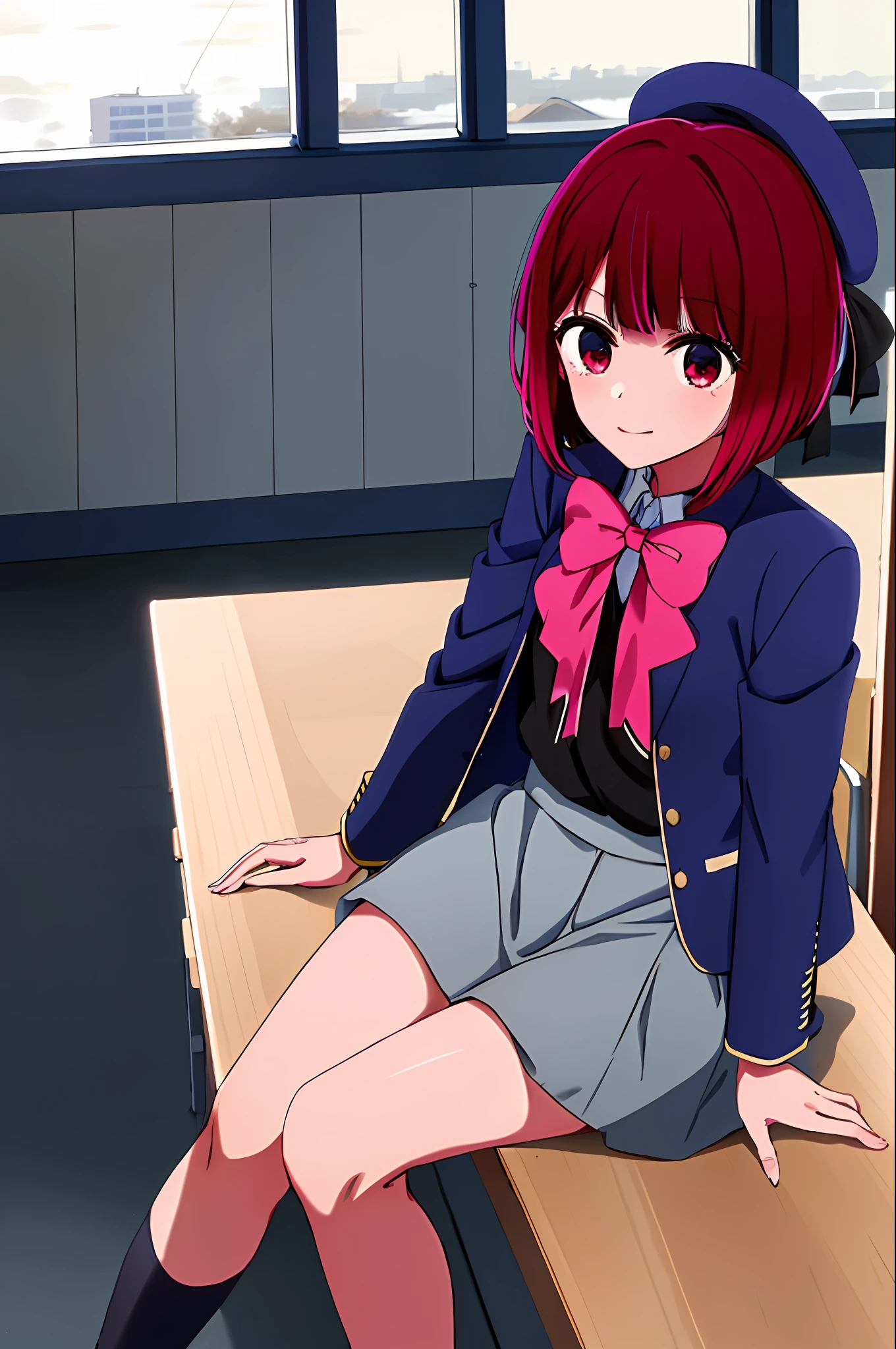 masterpiece, high quality, 8k, beautiful lighting, kanaarima, blue hat, hat, bow, pink bowtie, school uniform, blue jacket, jacket, skirt, grey skirt, 1girl, solo, shirt, white shirt, feet, black socks, sitting, classroom,( view from below:1)