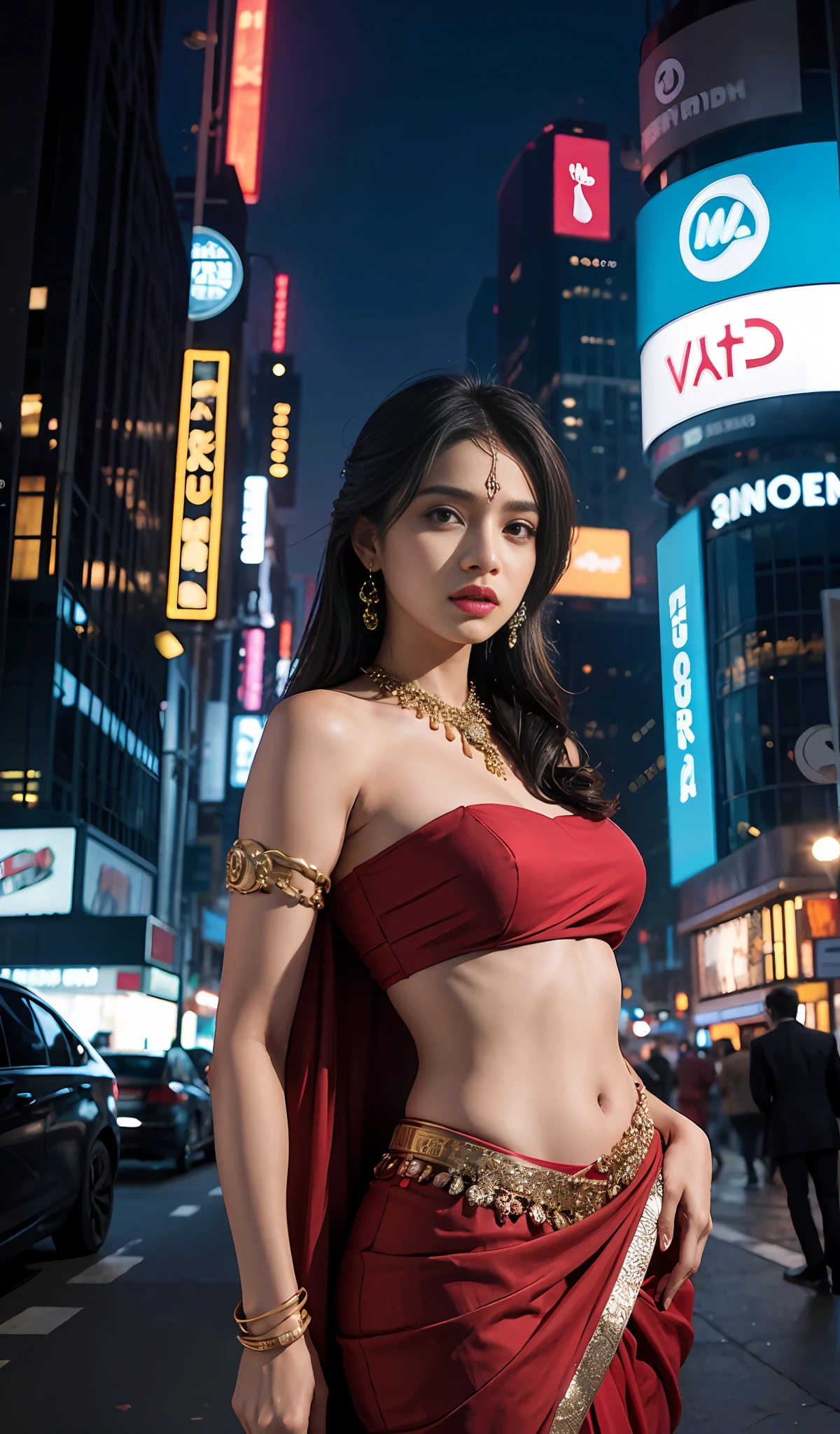 A stunning Indian woman donning an elegant saree, with a contemporary twist. Her attire features a unique fusion of traditional and modern elements, showcasing her individuality. She stands against a backdrop of a bustling cityscape, with tall skyscrapers and colorful billboards illuminating the night. The environment is vibrant and energetic, capturing the essence of urban life. The mood is adventurous and confident, reflecting the woman's bold personality. The image will be executed as a mixed media artwork, blending photography and digital manipulation techniques, to convey the fusion of tradition and modernity, --ar 16:9 --v 5.