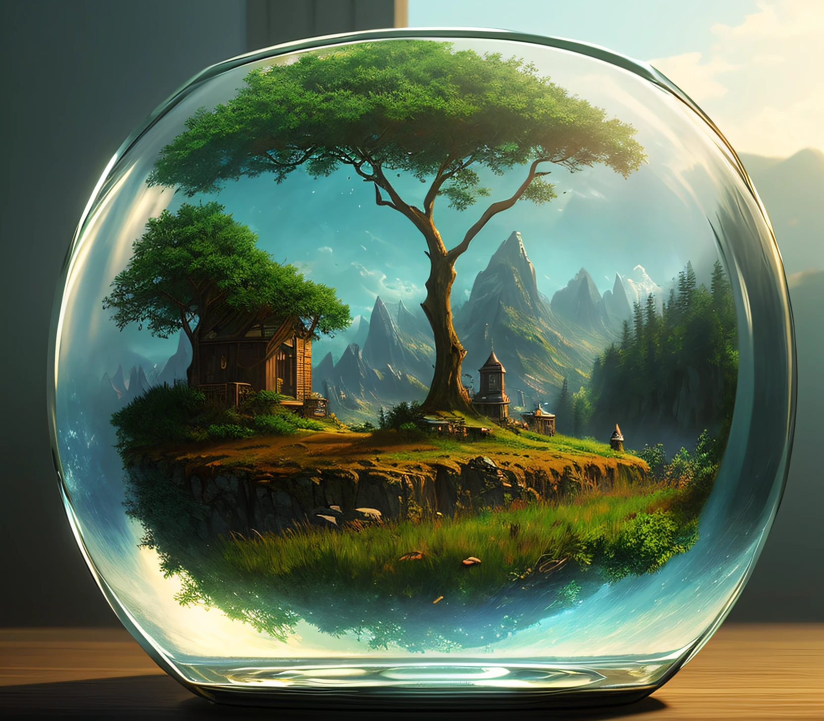cinematic universe inside of a glass cube, sharp focus, concept art, very detailed, very realistic, trending on artstation, in the style of ALBERT BIERSTADT