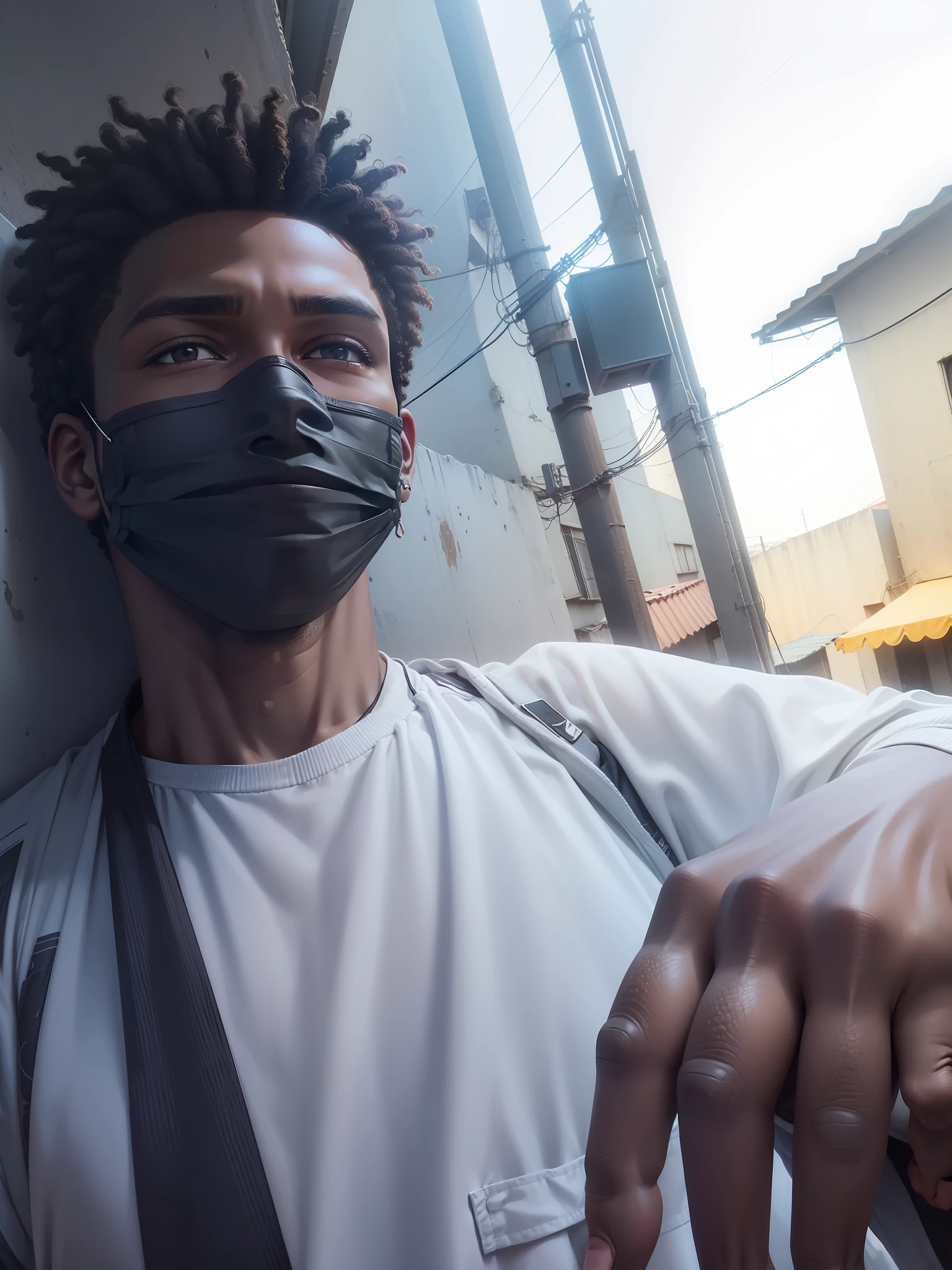 recreate the man in the photo in a realistic way, black man equal to the photos, marginal, malicious face, favela scenery of Brazil, photo from afar, cinema lighting, Anime manga --auto --s2