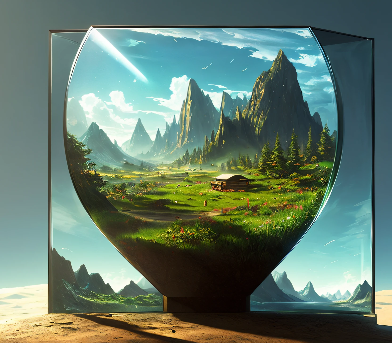 cinematic universe inside of a glass cube, sharp focus, concept art, very detailed, very realistic, trending on artstation, in the style of ALBERT BIERSTADT