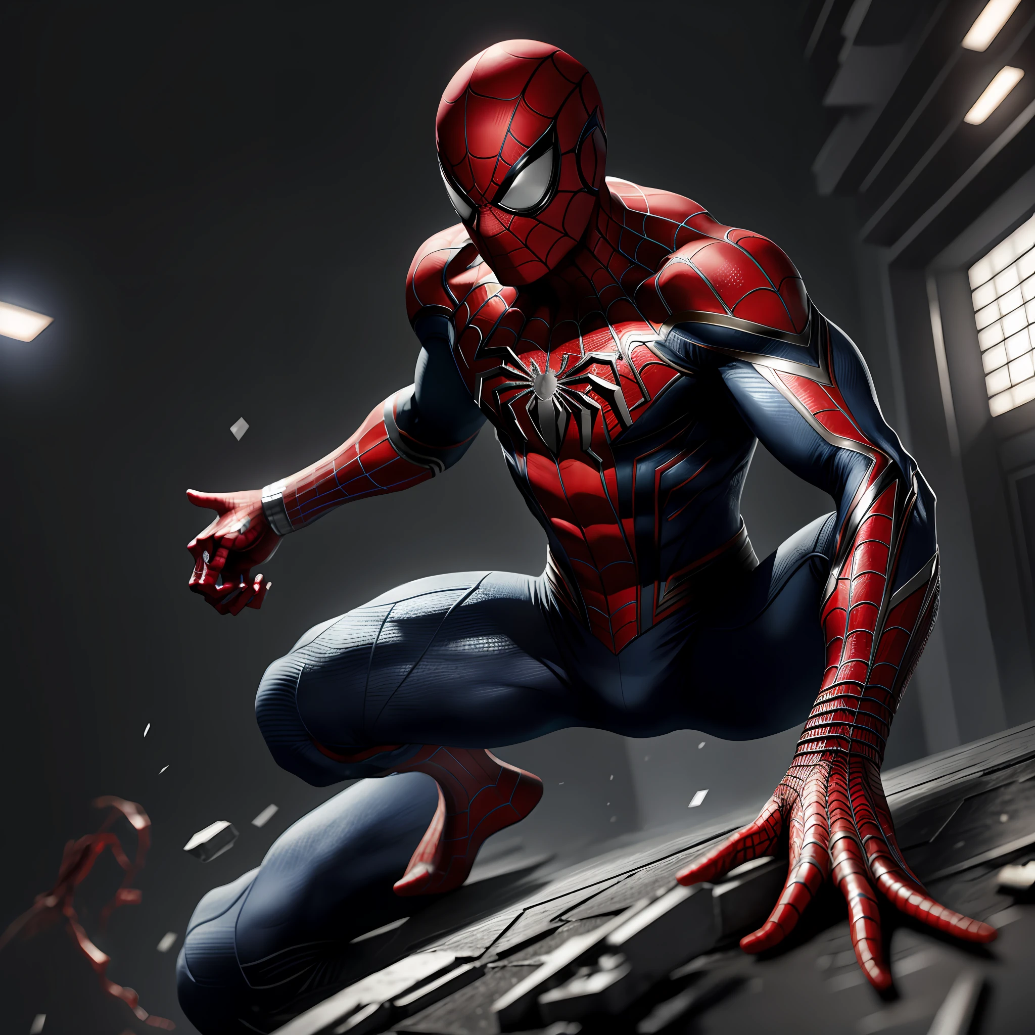 (8k, RAW photo, best quality, masterpiece:1.2), ultra detailed, official art, photo-realistic:1.37, upper body shot, marvel spiderman, film grain, action pose
