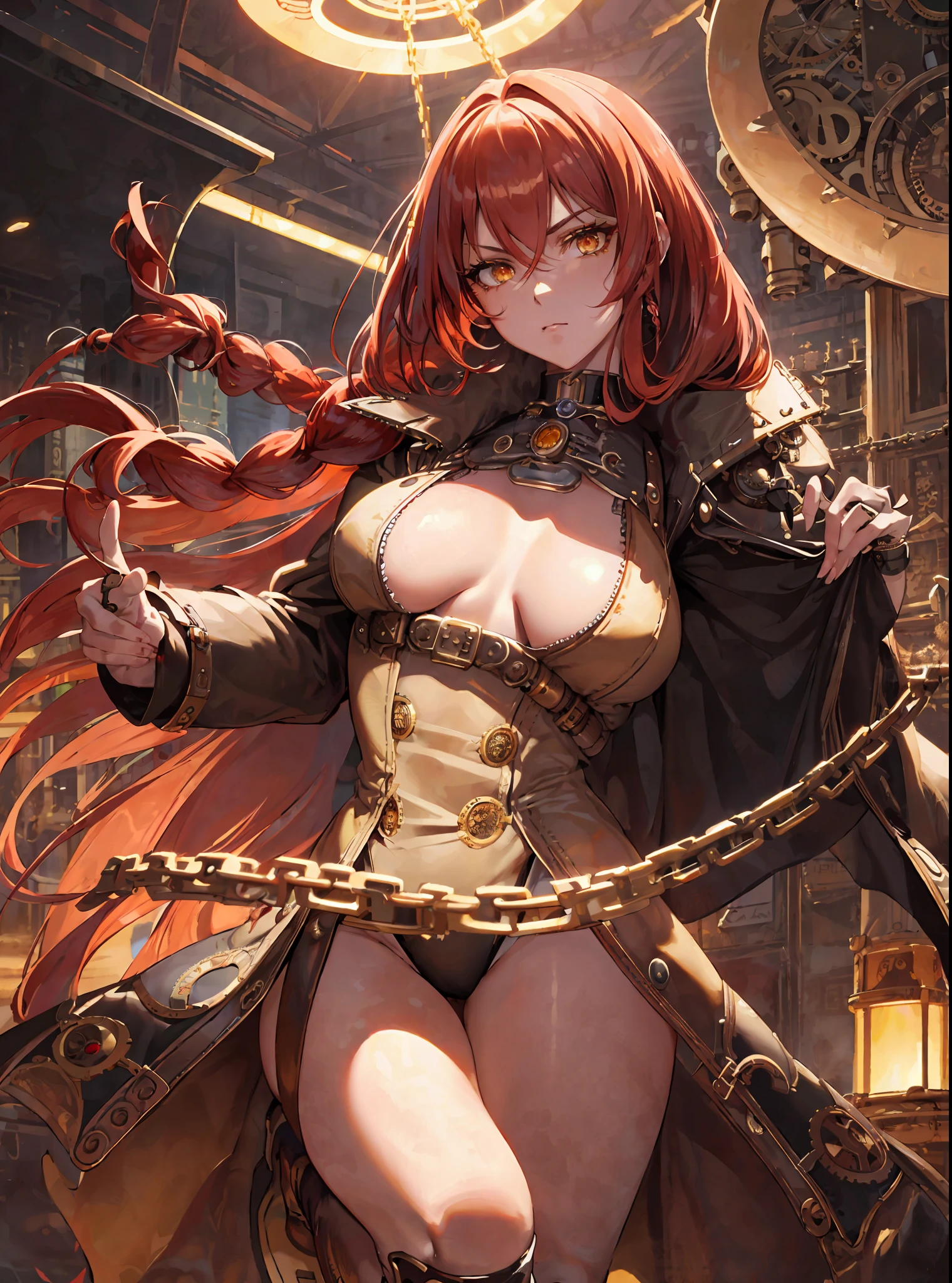 (masterpiece, best quality), close-up picture, alone, an adult woman with very long white hair, (((steampunk))), (((antique hairstyle with braids))), bare legs, bodysuit, queen, ((retro futuristic)), chains, halo, ((strands of red hair)), good anatomy, correct proportions, boots, bright colors, torn clothes, queen, yellow eyes, serious, mysterious appearance, blood, emotionless, palace, straight bangs, very long red hair, evil, (yellow eyes), gothic, medium chest, blood spikes, chest to head show, cinematics, color oil painting, solo, film lighting, extremely detailed face, finely detailed face, beautiful face, beautiful eyes, perfect lighting, depth of field, realistic proportions, good anatomy, long coat