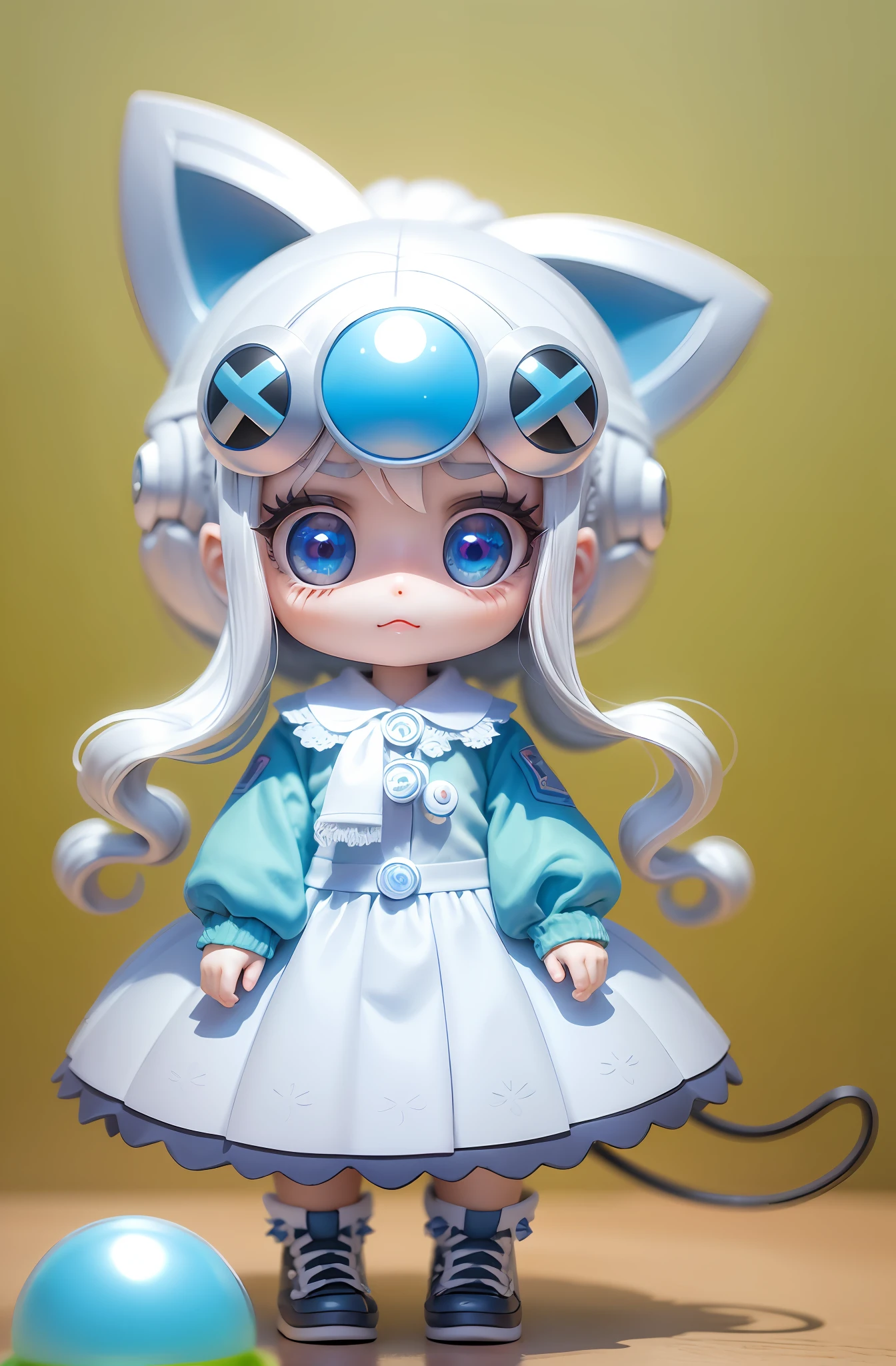 Masterpiece, Best Quality, Official Art, 8k Wallpaper, Very Detailed, Illustration, 1 Girl, White Hair, Beautiful Eyes, Super Cute Girl Full Body 3D Drawing, Good Looking Eyes, Big Eyes, Cute, Happy, C4D, Pop Matt Blind Box, Glow Bubble, Toy, Solid Color Background, Chibi, Fluorescent Translucence, Glow Body, Kawaii, Doll, Pop Mart Blind Box, Pixar, Intricate Details, 3D Rendering, Blender, OC Renderer, Fol Body reference sheet,dribble,high details,8k,studio lighting,loli,petite,child,chibi ,