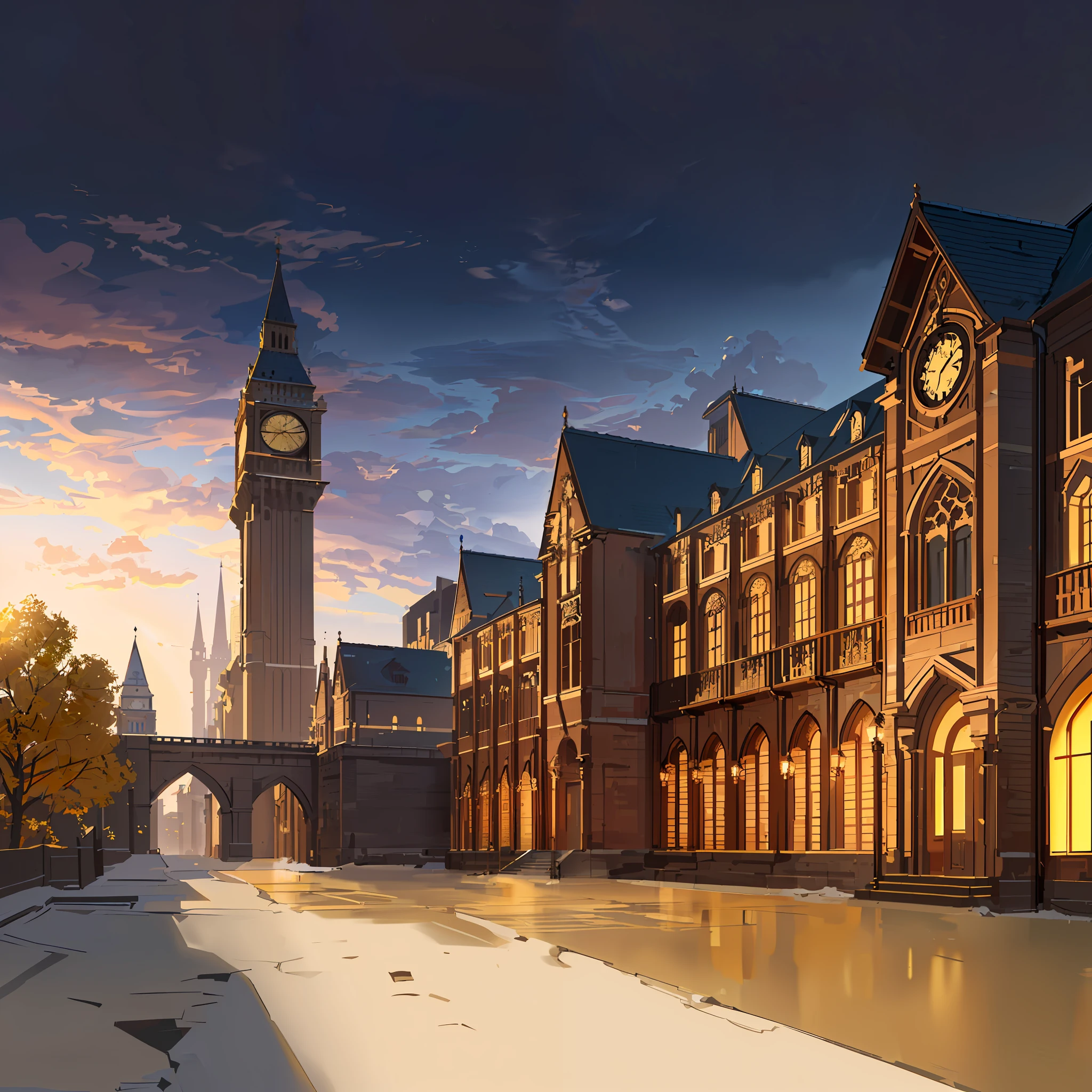 An image of a old building with a clock tower in the middle, in the style of hayao miyazaki , elegant cityscapes, manga-inspired, light bronze and dark amber, northwest school, majestic ports, volumetric lighting, (illustration: 1.0), window detail correction and enhancement, magnificent composition, detail enhancement, detail enhancement. Realistic lighting, HD detail, masterpiece, highest quality, (highly detailed CG Unity 8k wallpaper), (highest quality)