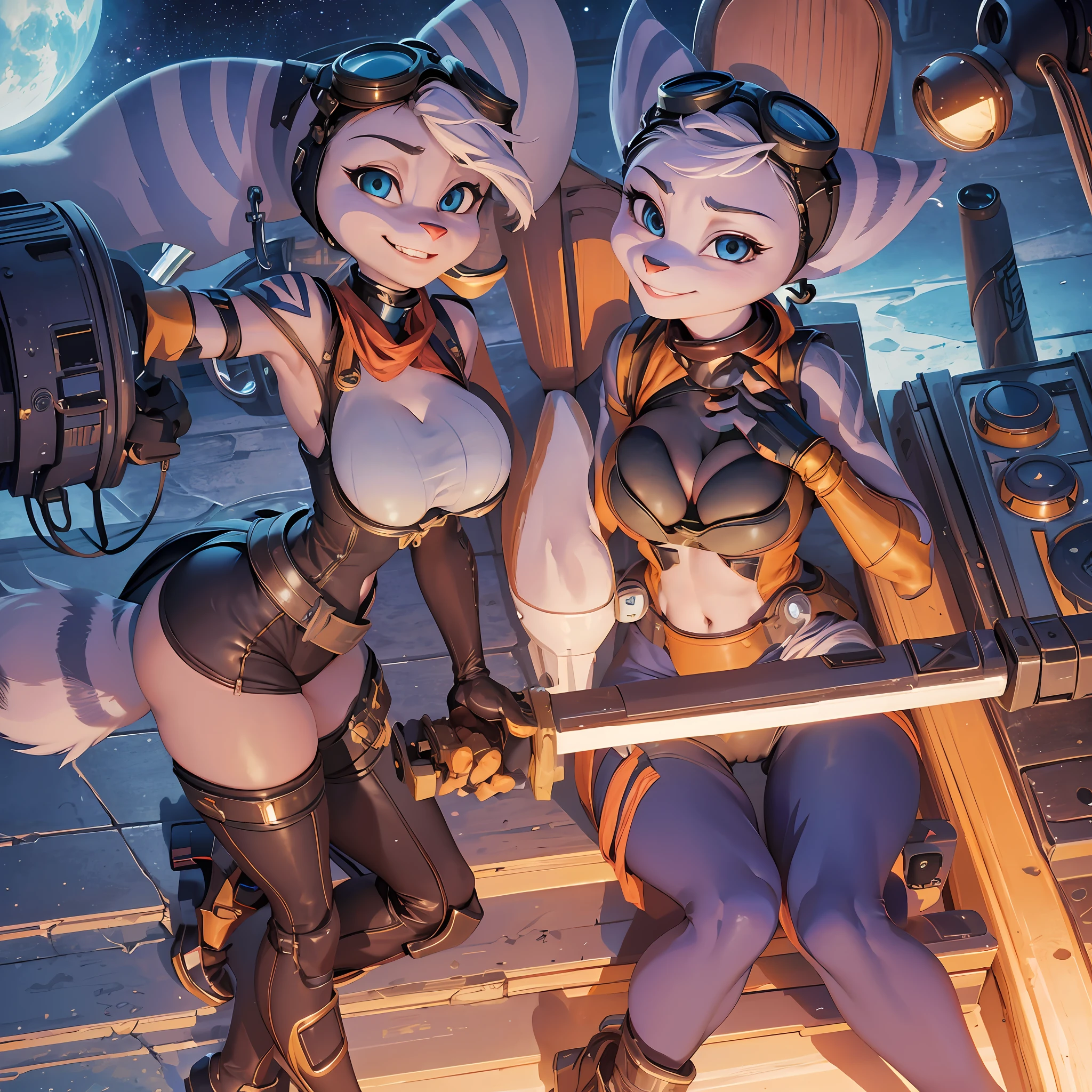 masterpiece,best quality, 8k,1girl,((furry)) , rivetlombax, blue eyes, animal ears, earrings, goggles on head, bangs, mechanical arms, scarf, bodysuit, belt, 1tail, (tail is attached to the ass) , forest, smile, not human, ass big,smile,forest,cartoon style, cute, (breast:1.7), full body picture, thick thighs, camel toe, night city, night time sky full of stars, arms crossed, Ratchet and Clank,