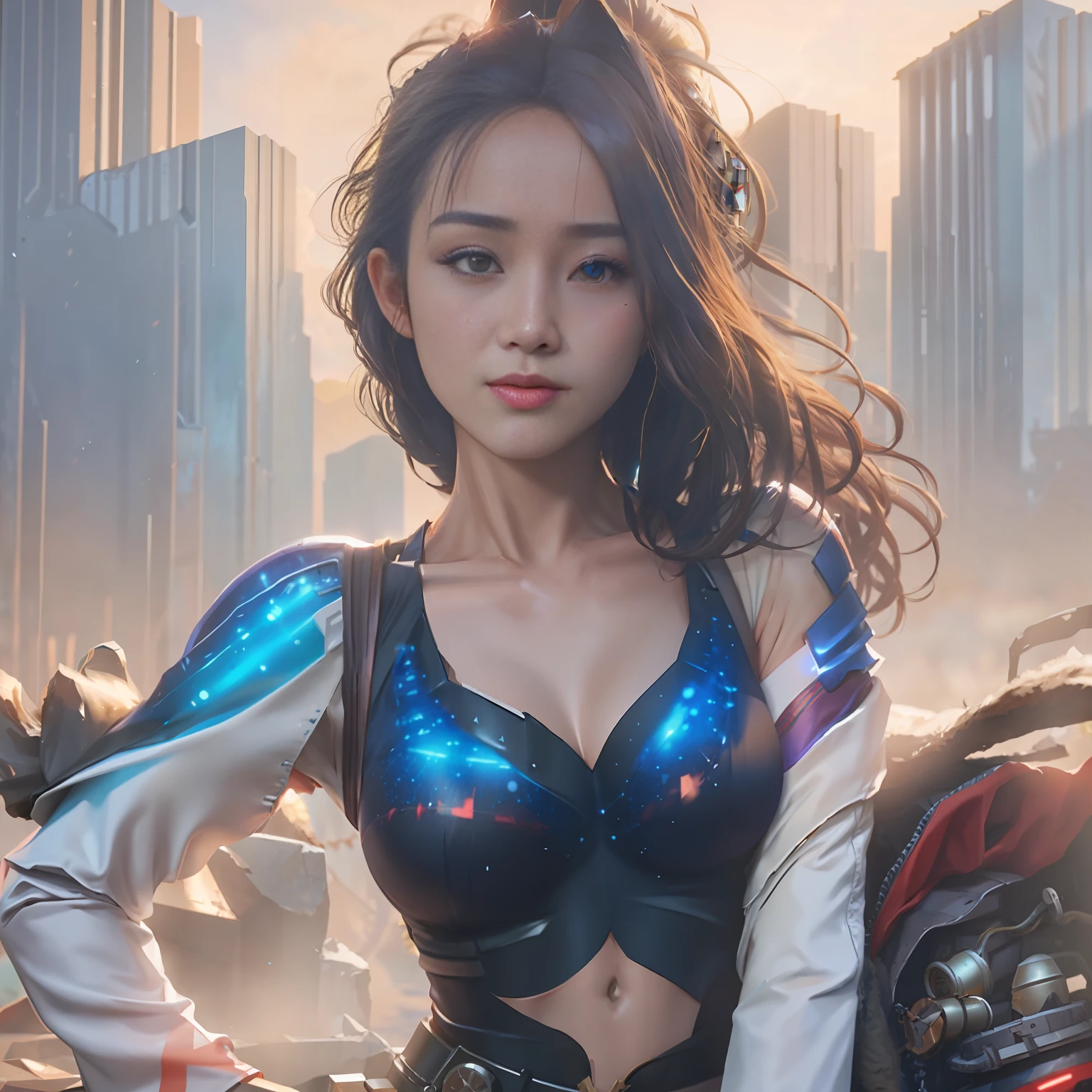 4K, Korean girl, breast size, white mechanic armor, wearing armor on shoulders and chest and waist and arms, belly visible, skin exposed, background wilderness,