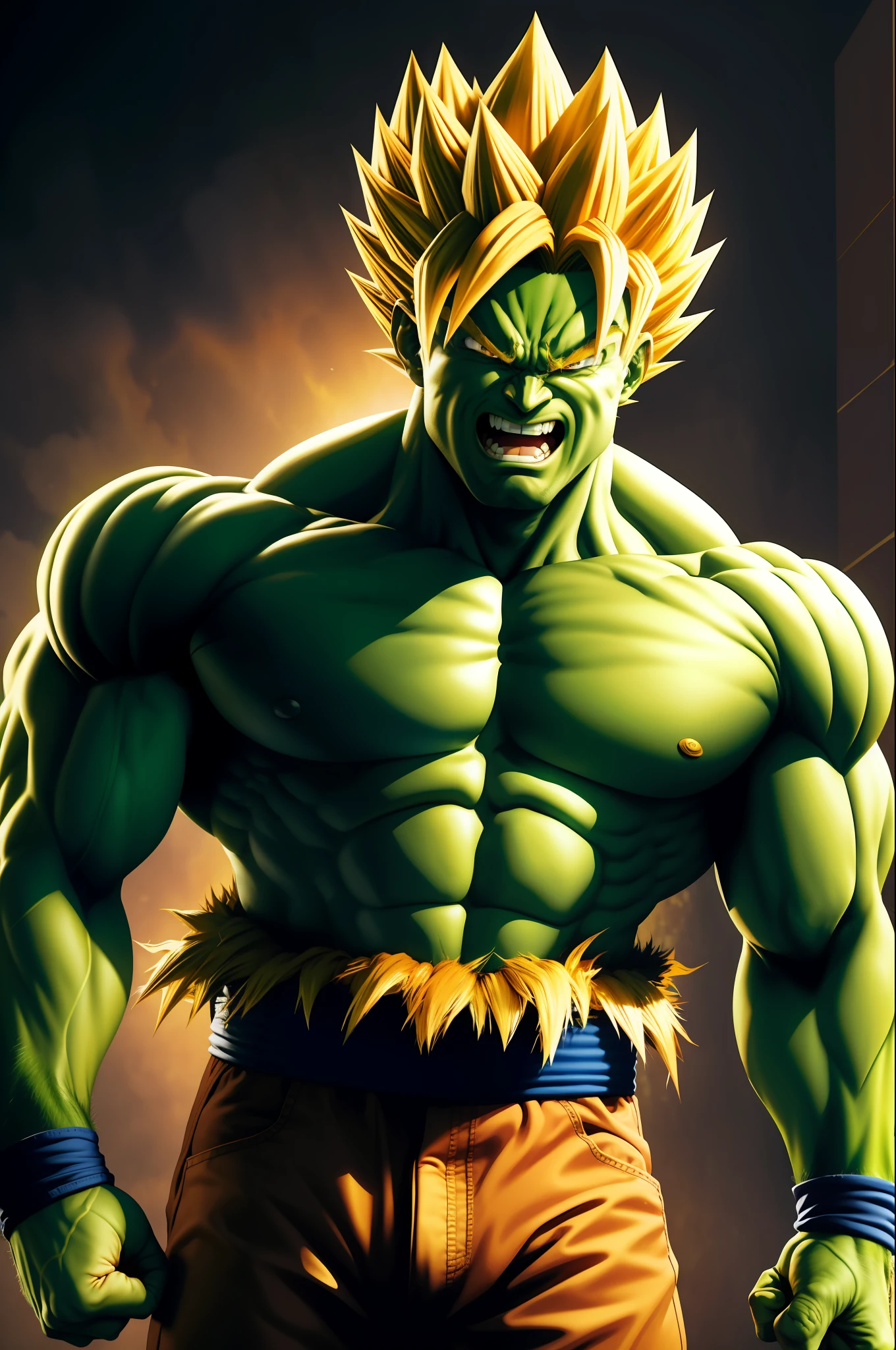 masterpiece, top quality, goku, super saiyan, yellow hair, yellow eyebrows, ultra-realistic, cowboy shot, solo, 1 boy, mouth closed, watch viewer, golden hair, black eyes, hulk, hulk body, hulk costume, hero pose, angry face