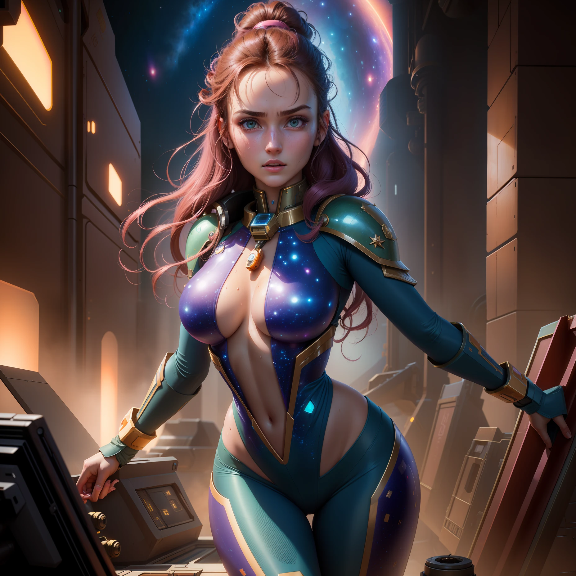 8K, masterpiece, sexy beautiful girl, medium hair, sweaty, jade eyes, delicate and inorganic pink mechanic armor wearing shoulders, neck, waist and arms, background large spaceship cockpit, in mysterious spacecraft, face facing us, hands raised, skin exposed 70%