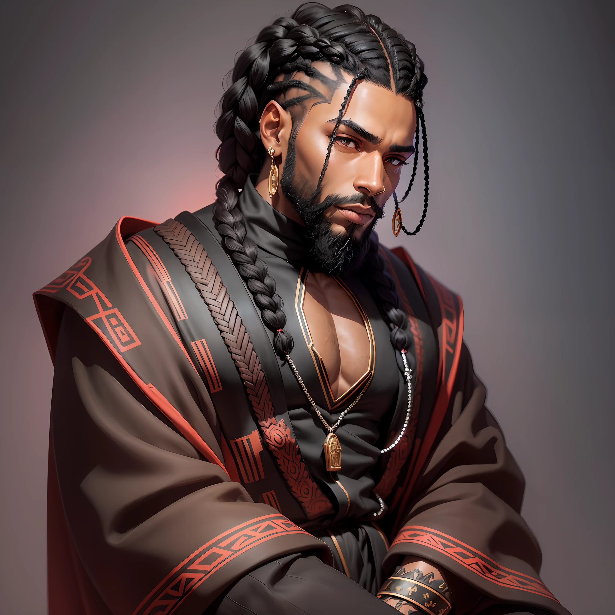 Black man, diamond earring, braids, black hair, beard done, brown eyes. Side view, head up. 1440 x 2960. Wearing robe, black color with distinctive red clouds and a turtleneck. Seated. Dark background with neon details --auto --s2