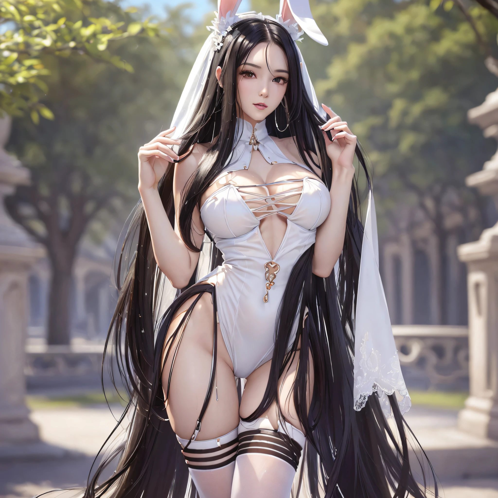 (Best Quality, High Resolution, Masterpiece: 1.3), a tall perfect woman with a slim figure, (long black hair, bunny girl in white clothes), dressed sexy revealing, in the park, details of face and skin texture are beautifully presented, detailed eyes, double eyelids, sexy pose, realistic, leaky half breast ball, full body shot --auto --s2