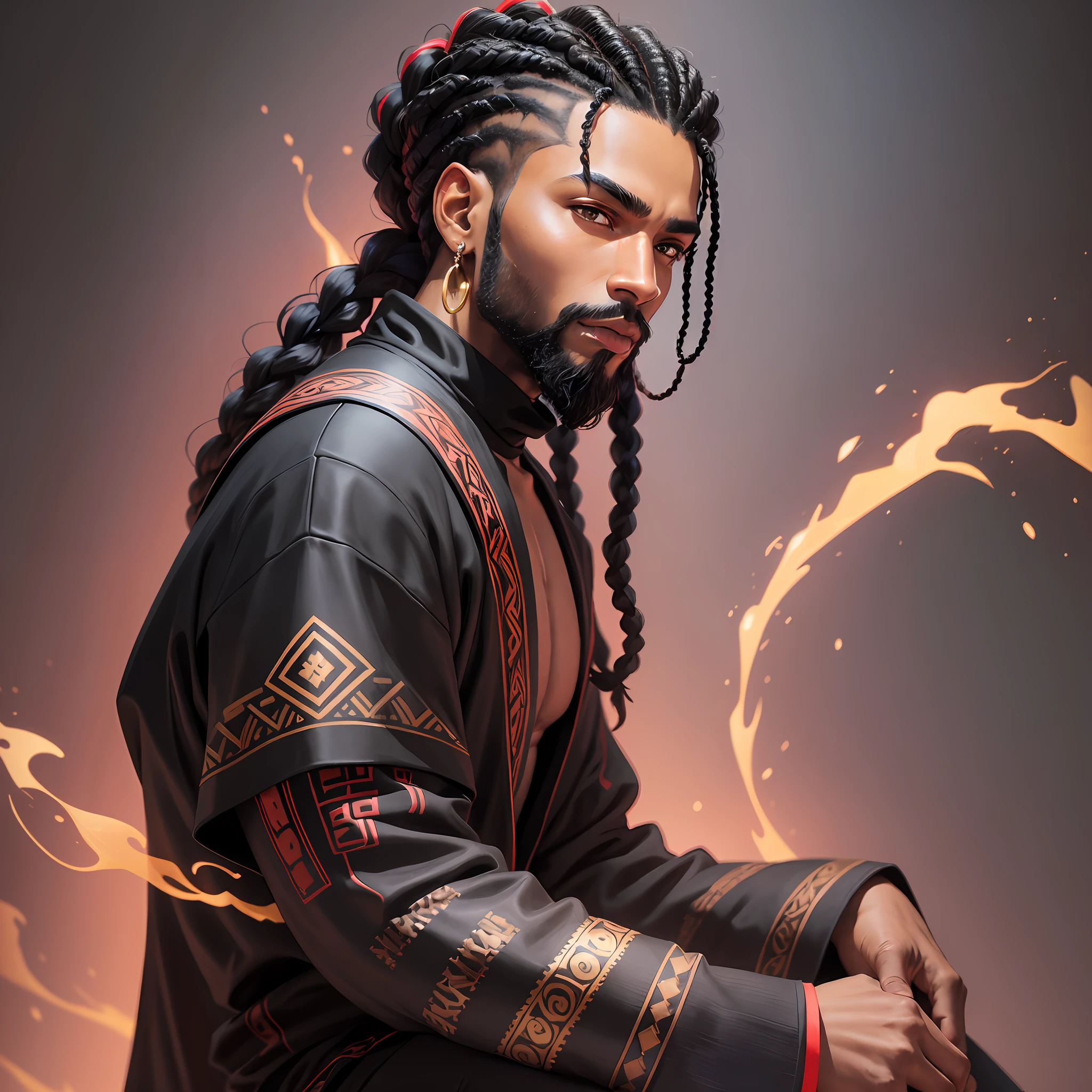 Black man, diamond earring, braids, black hair, beard done, brown eyes. Side view, head up. 1440 x 2960. Wearing robe, black color with distinctive red clouds and a turtleneck. Seated. Dark background with neon details --auto --s2