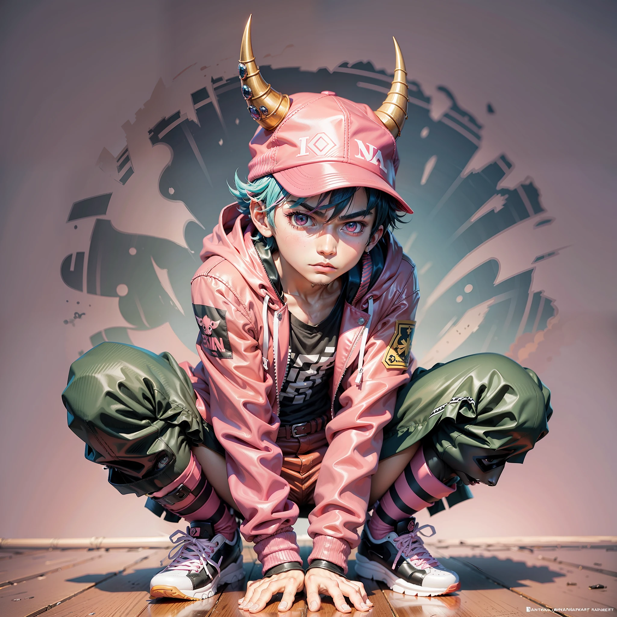 (masterpiece, top quality, best quality) 1Boy, anime character with pink jacket, pink hat and crouched horn horns, pink iconic character, kentaro miura manga art style, high quality fanart, danganronpa digital art, lowres, demon boy, comic art, Jamie Hewlett inspired art, vibrant fan art, anato finnstark!!, official art, high quality colorful sketch