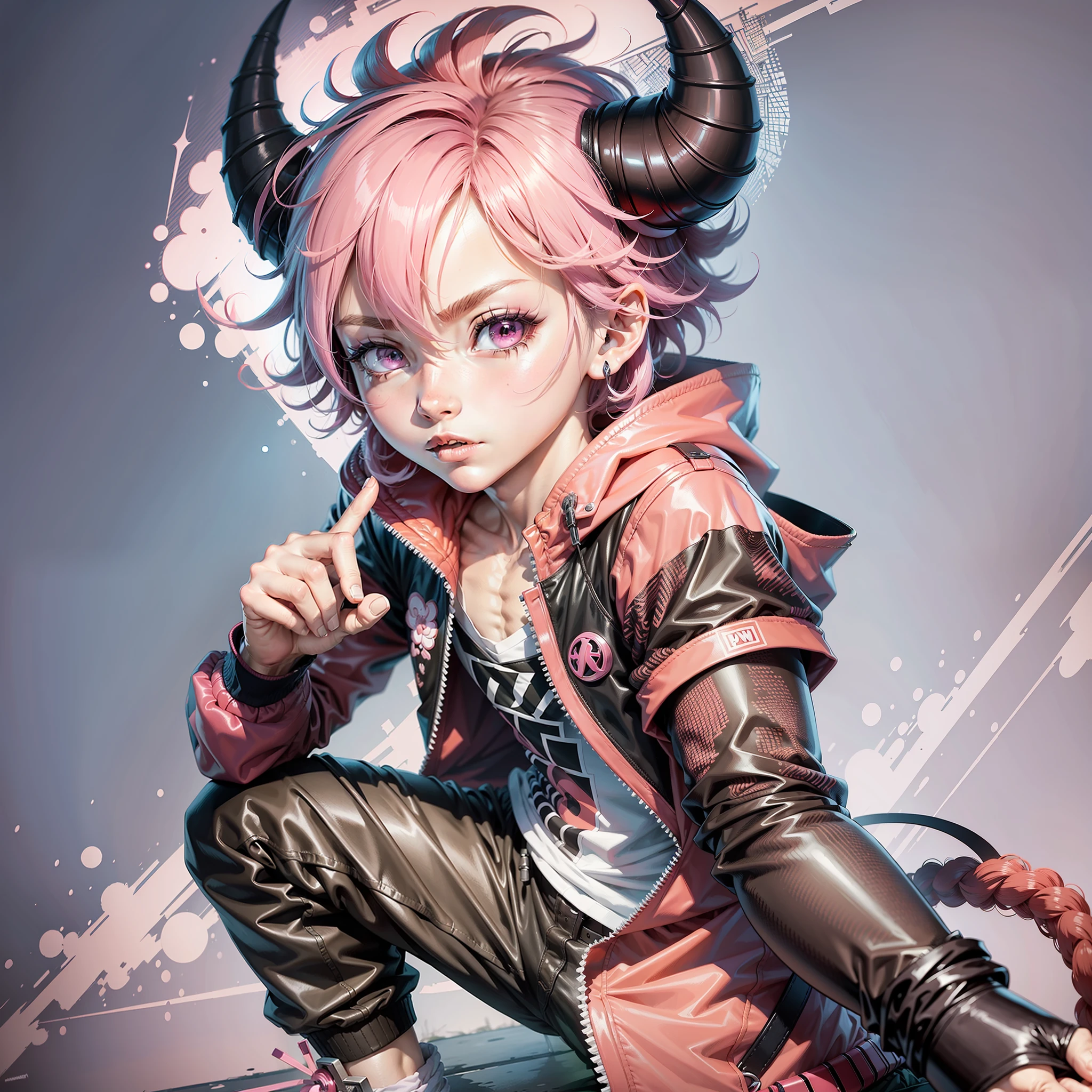 (masterpiece, top quality, best quality) 1Boy, anime character with pink jacket, pink hat and crouched horn horns, pink iconic character, kentaro miura manga art style, high quality fanart, danganronpa digital art, lowres, demon boy, comic art, Jamie Hewlett inspired art, vibrant fan art, anato finnstark!!, official art, high quality colorful sketch