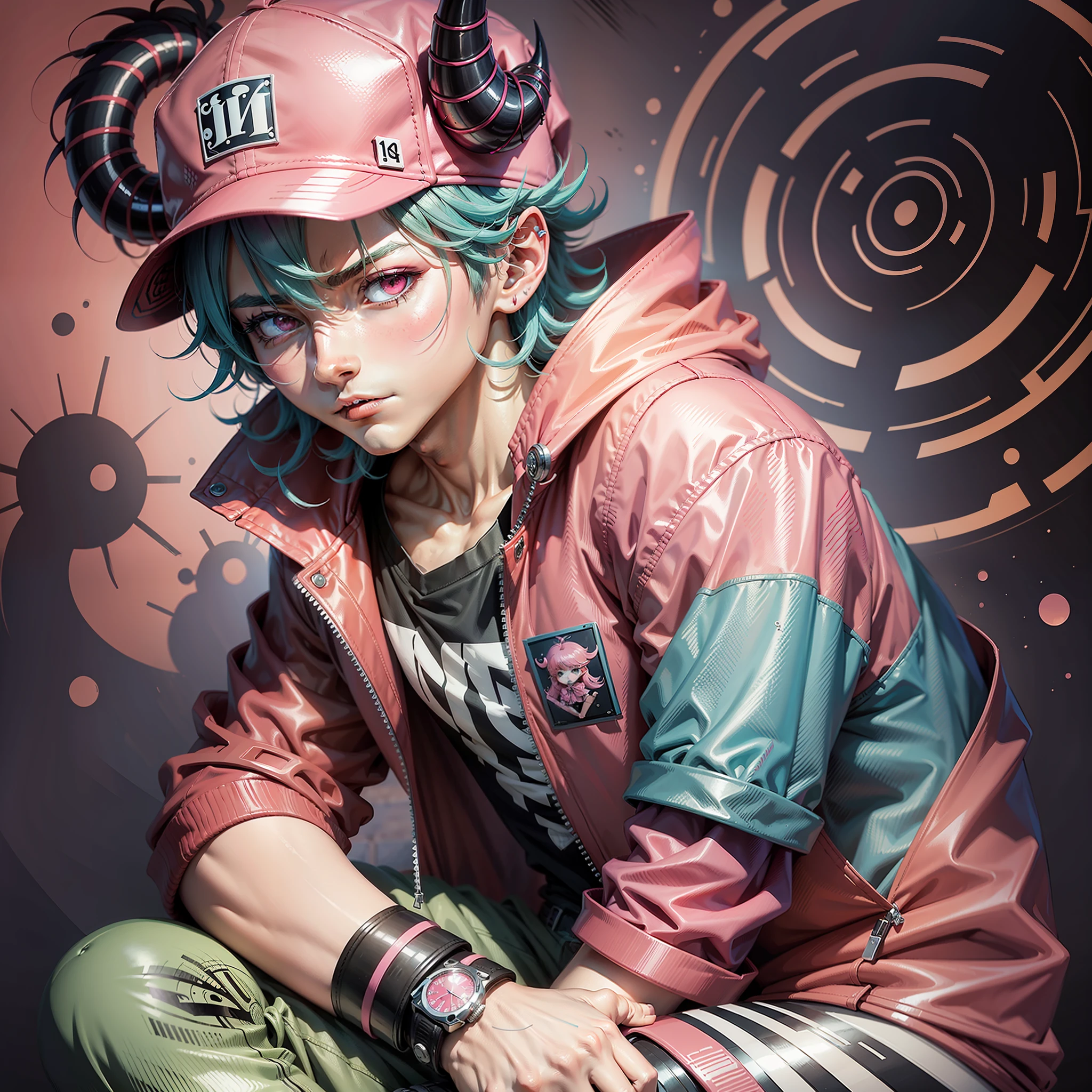 (masterpiece, top quality, best quality) 1Boy, anime character with pink jacket, pink hat and crouched horn horns, pink iconic character, kentaro miura manga art style, high quality fanart, danganronpa digital art, lowres, demon boy, comic art, Jamie Hewlett inspired art, vibrant fan art, anato finnstark!!, official art, high quality colorful sketch