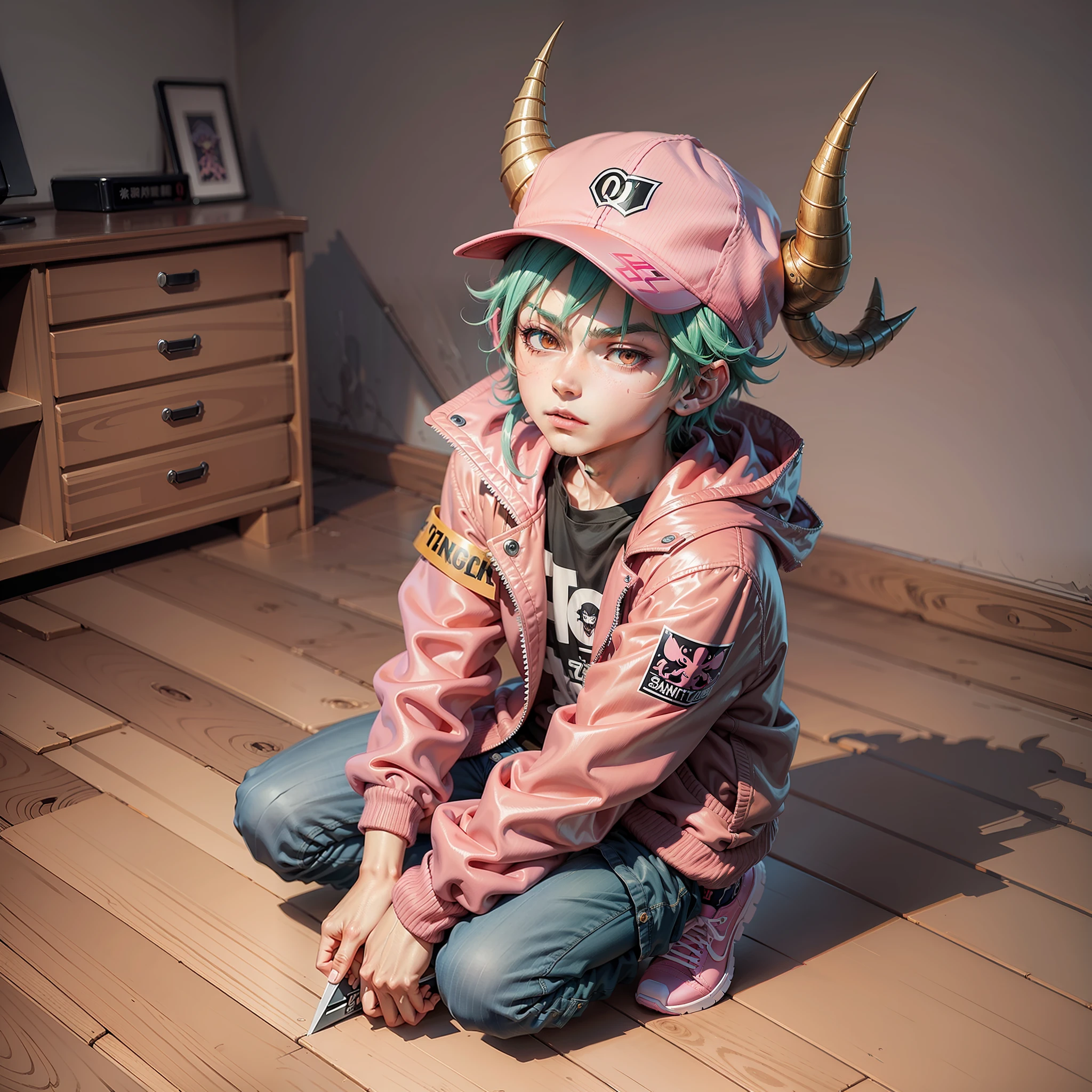 (masterpiece, top quality, best quality) 1Boy, anime character with pink jacket, pink hat and crouched horn horns, pink iconic character, kentaro miura manga art style, high quality fanart, danganronpa digital art, lowres, demon boy, comic art, Jamie Hewlett inspired art, vibrant fan art, anato finnstark!!, official art, high quality colorful sketch