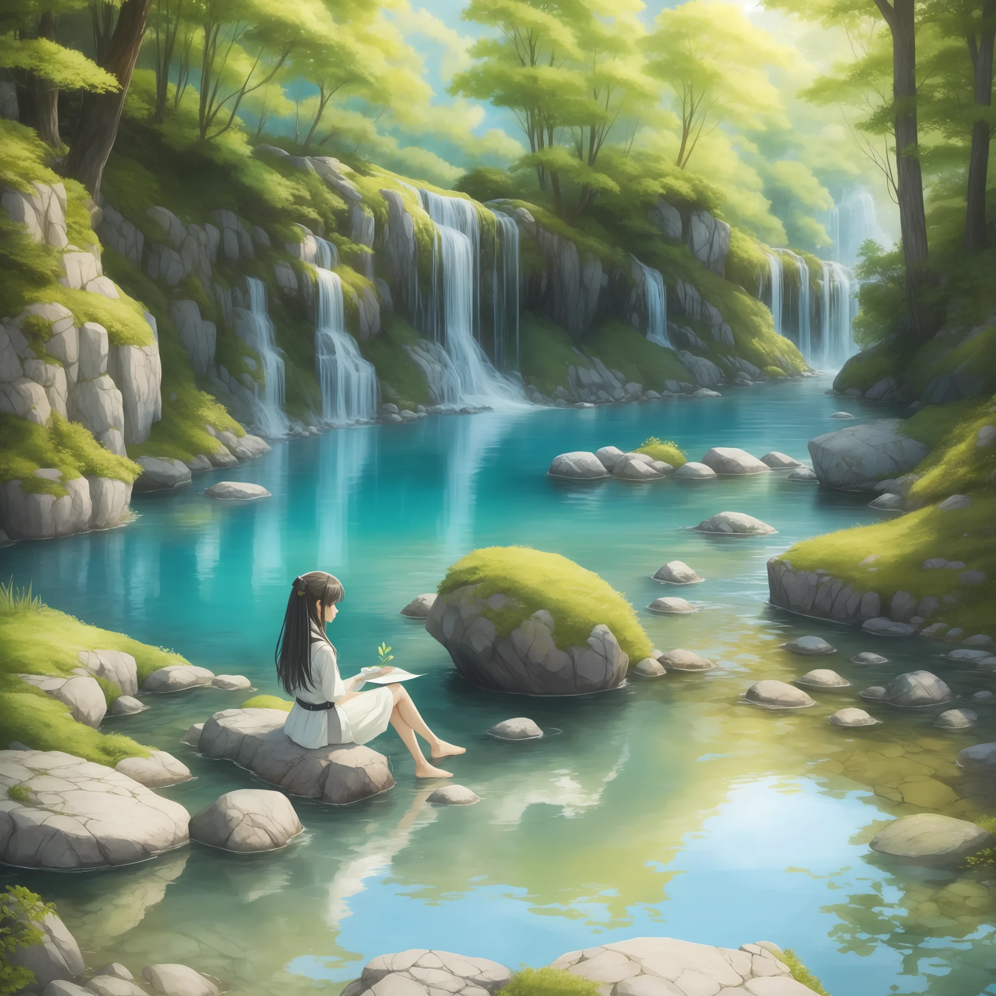 Arti future anime, a stunningly beautiful girl in natural spa, detailed clothing. vixip, far view landscape, by yoshiyuki sadamoto, yoko taro, watercolor. Summer, water reflection, birds, plants, rock. Hand drawing illustration, highly detailed. Perfect composition. White, yellow, green, blue, black. masterpiece, best quality, 4k, sharp focus. perfect anatomy. By sumic.mic